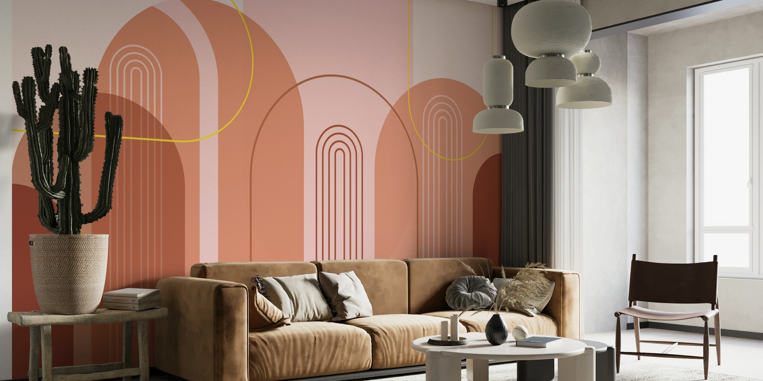 Mural de pared abstracto con arcos modernos de mediados de siglo en colores rosa, beige, granate y dorado