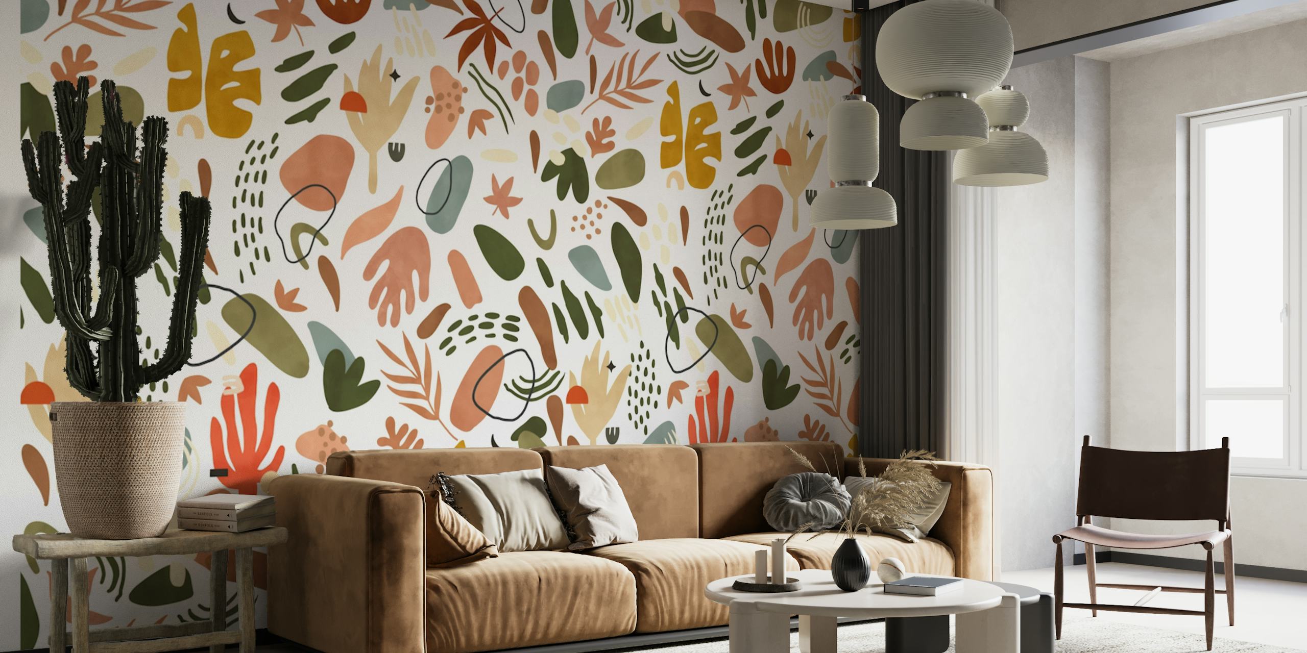 Zidni mural s apstraktnim botaničkim elementima sa zemljanim tonovima