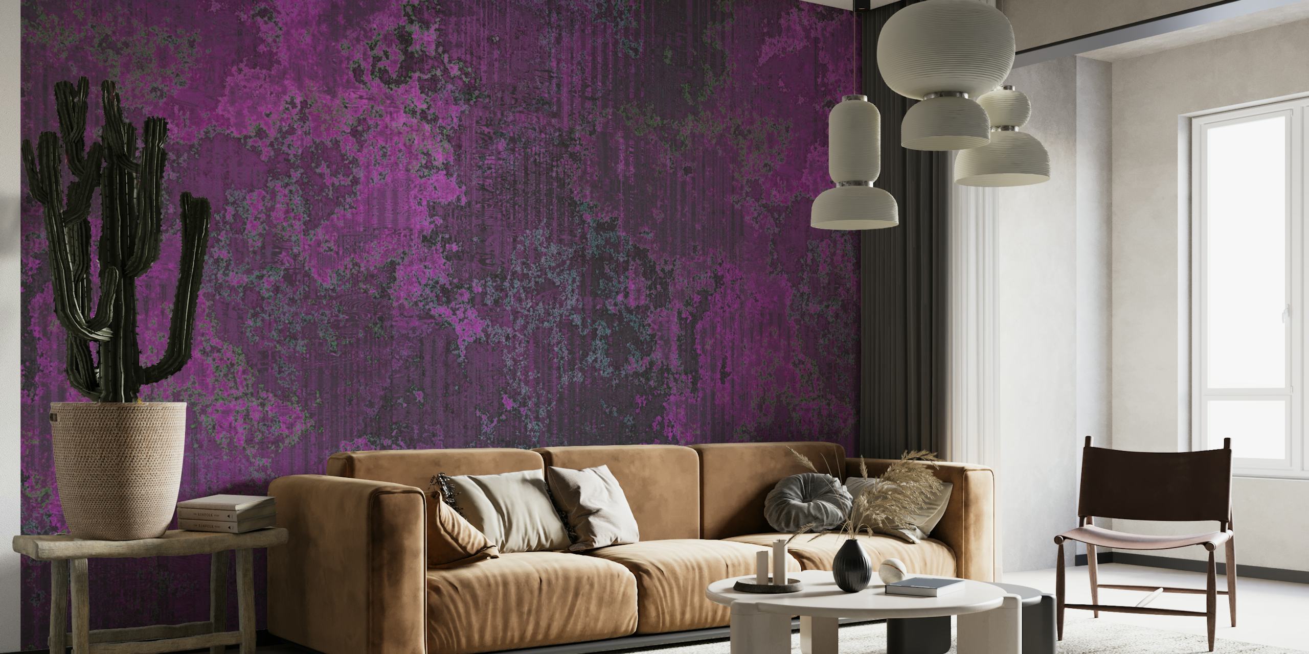 A textured wall mural featuring distressed pink and magenta hues.