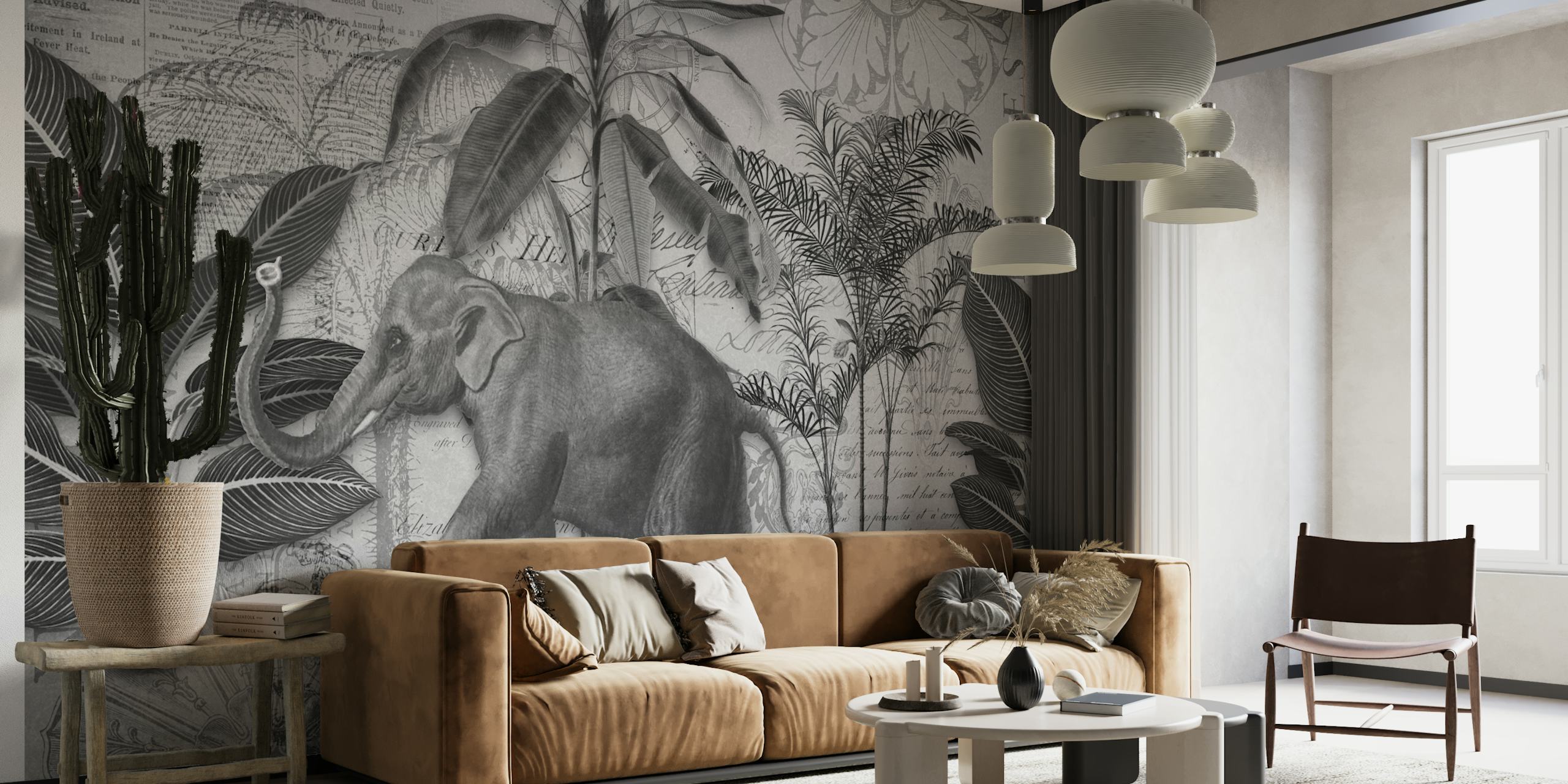 Elephants Journey Collage Grey behang