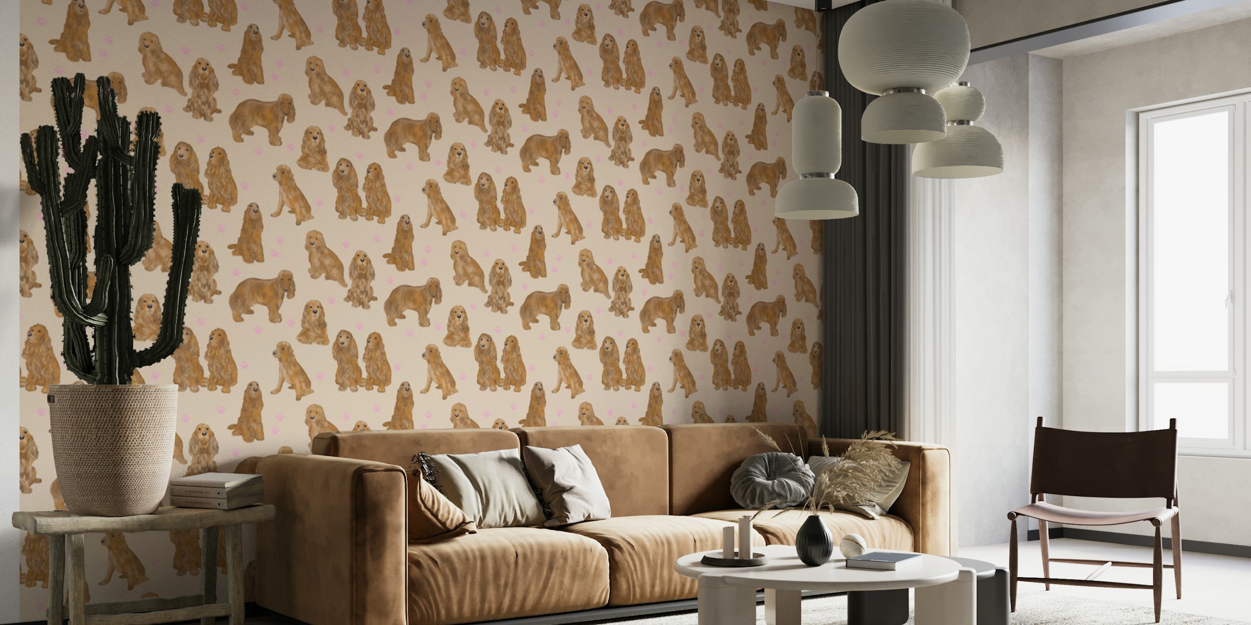 Wall mural with a pattern of cute Cocker Spaniel dogs in warm tones.