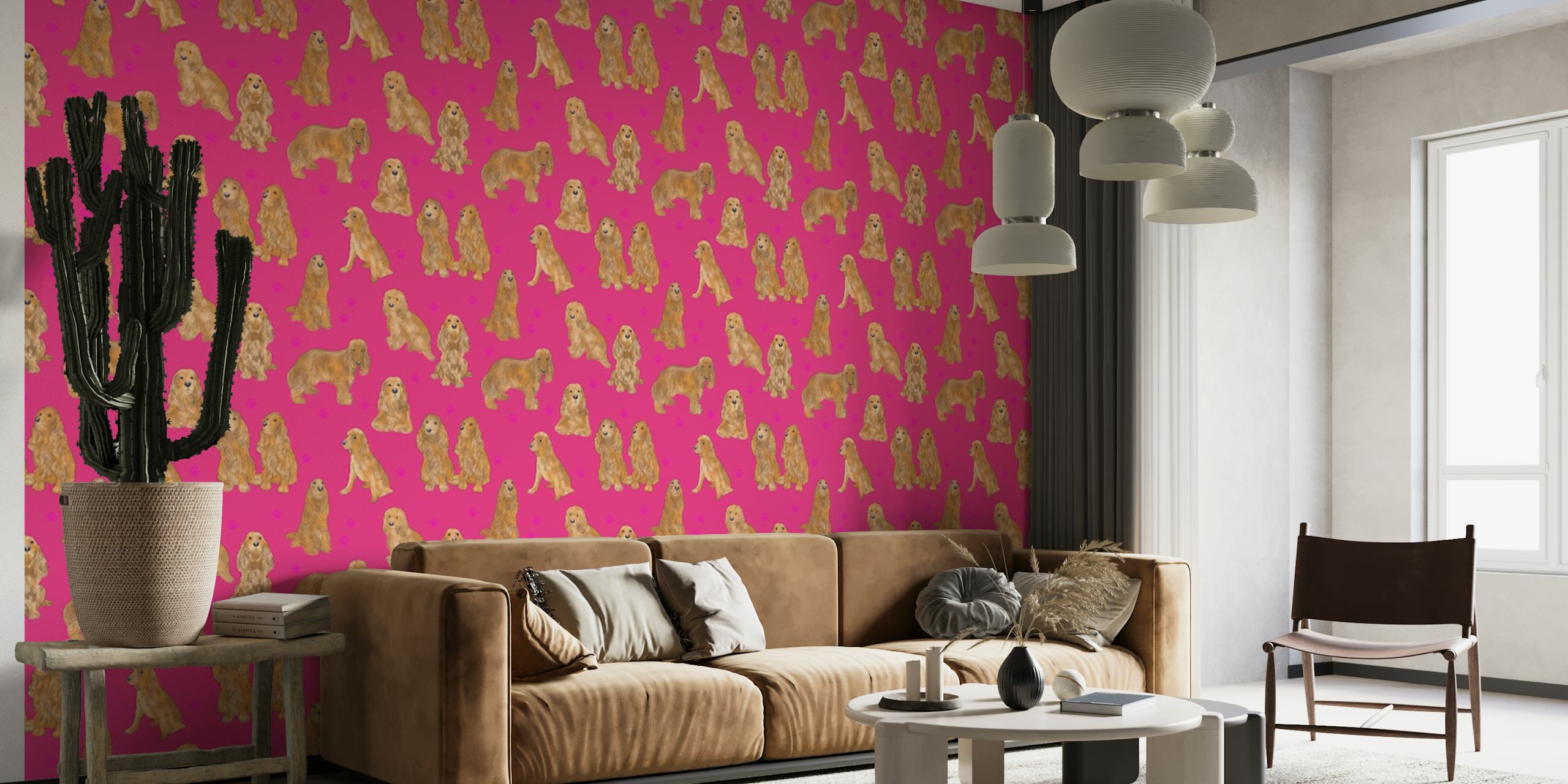 Seinämaalaus, jossa kuviointi cockerspanielikoiria vaaleanpunaisella taustalla