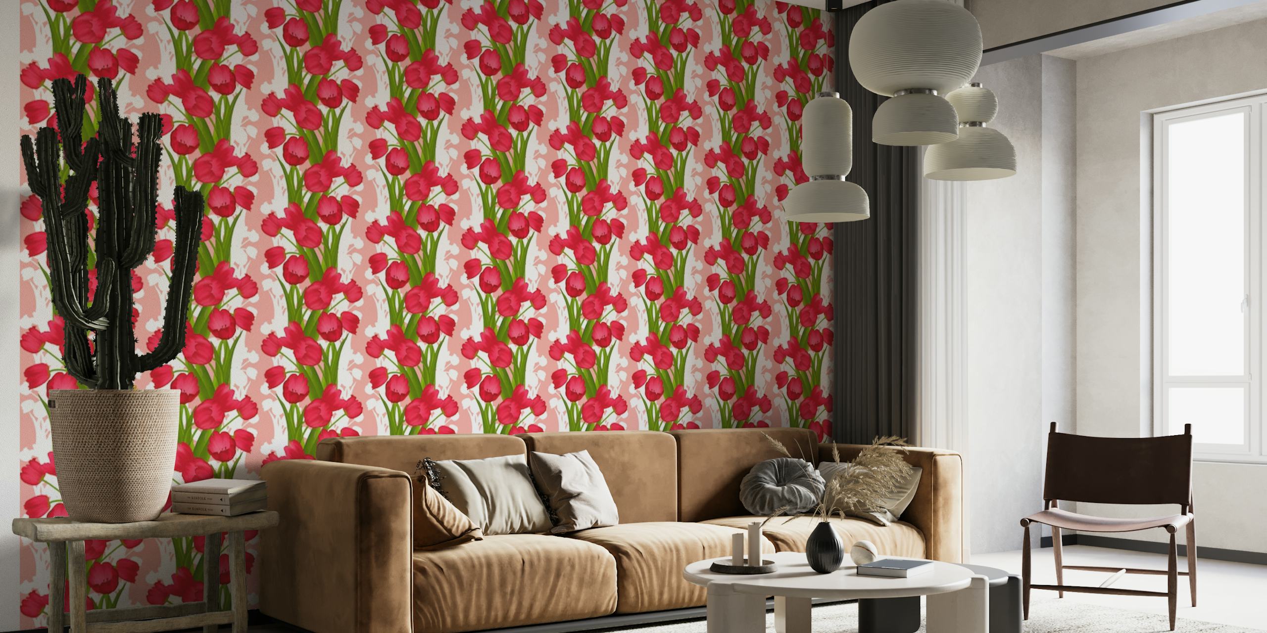 Punaiset ja valkoiset tulppaanit vihreillä lehdillä seinämaalaus