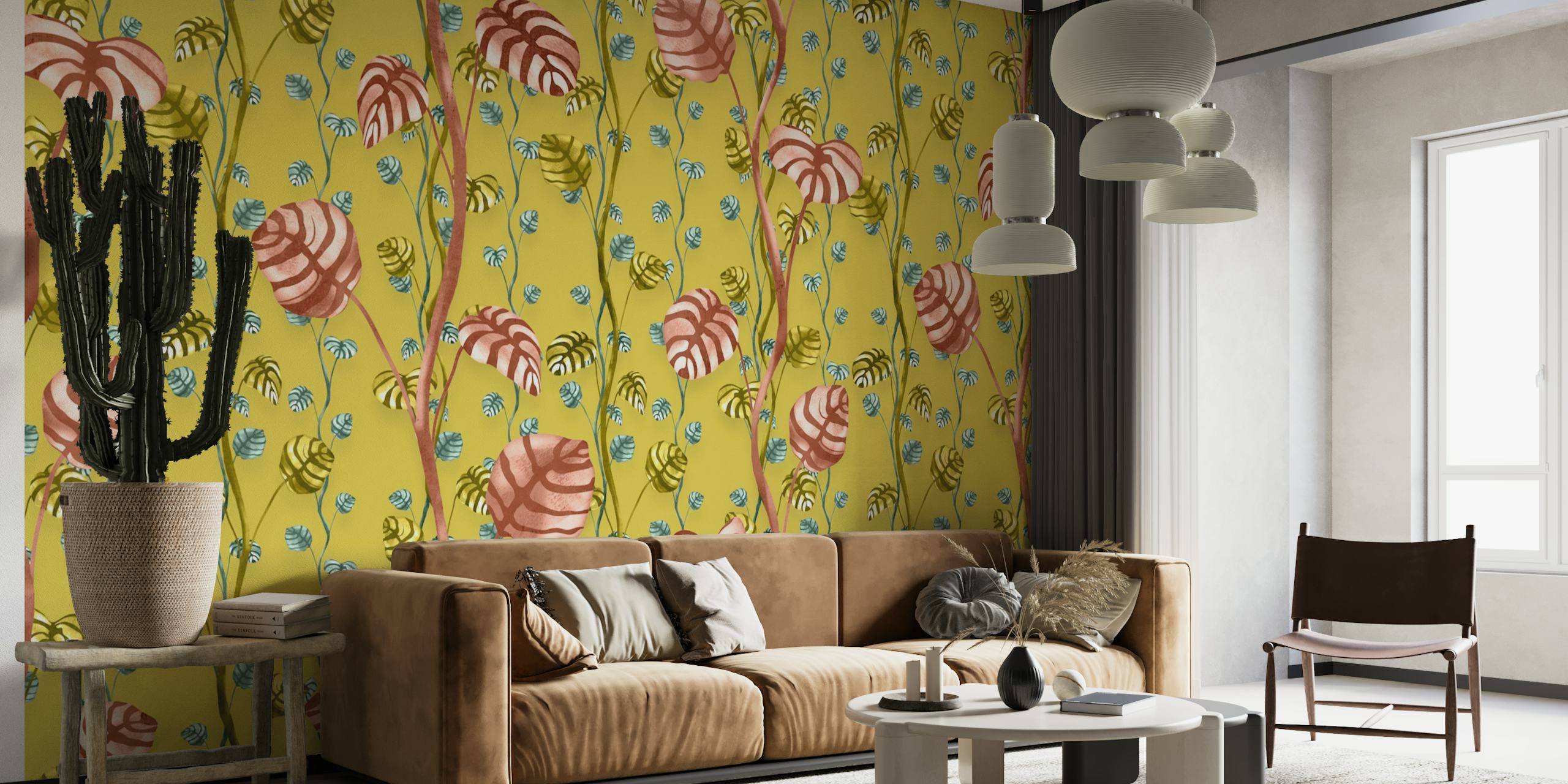 Mustard-colored wallpaper with a climbing plants pattern featuring pink, green, and white colors.