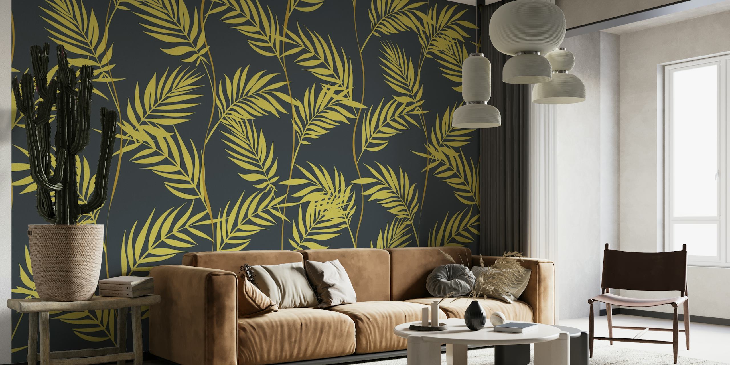 Mustard yellow creeper leaves on a dark background wall mural