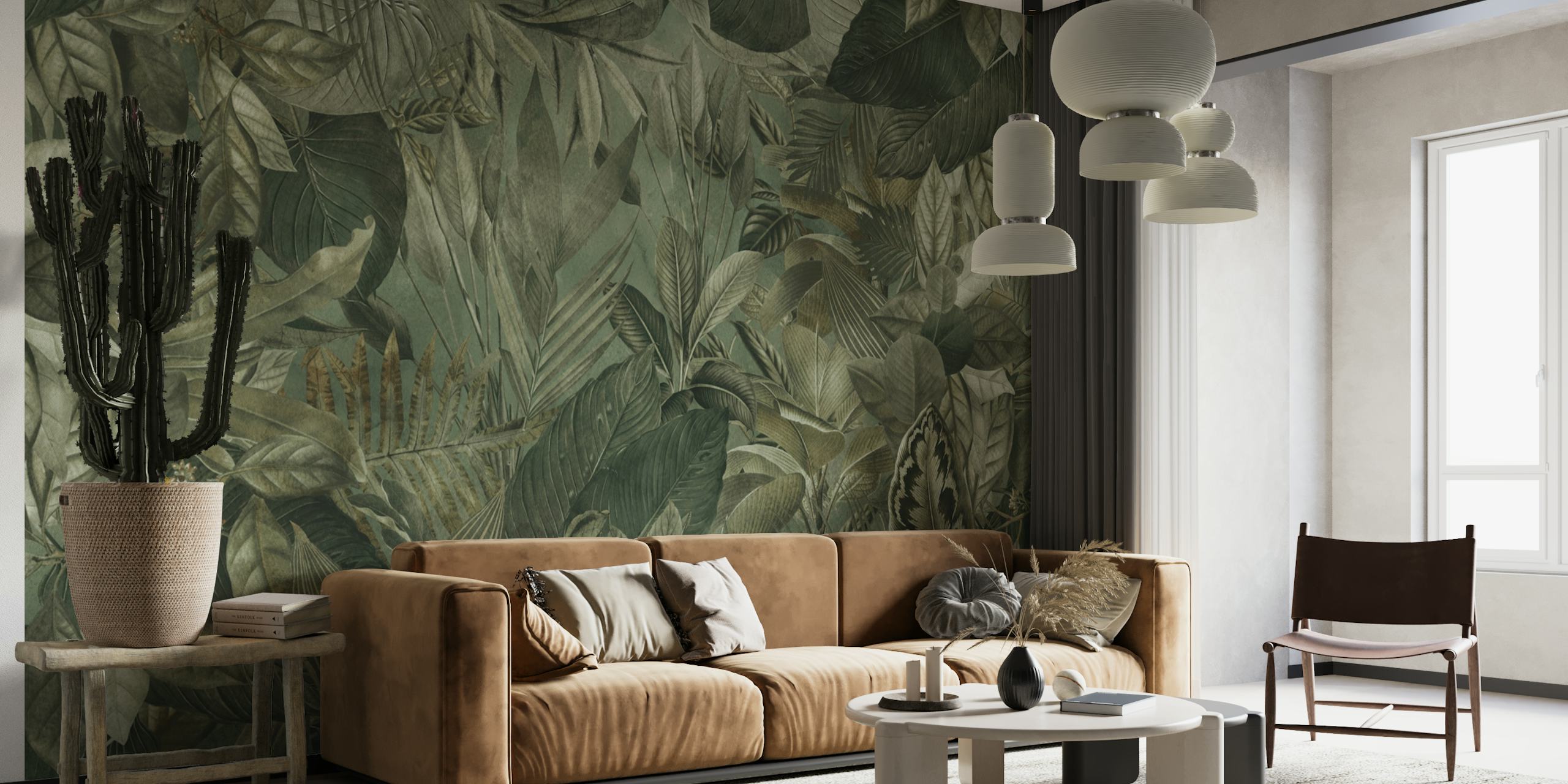 Murale a tema giungla tropicale che mostra fogliame verde oliva ed elementi botanici.