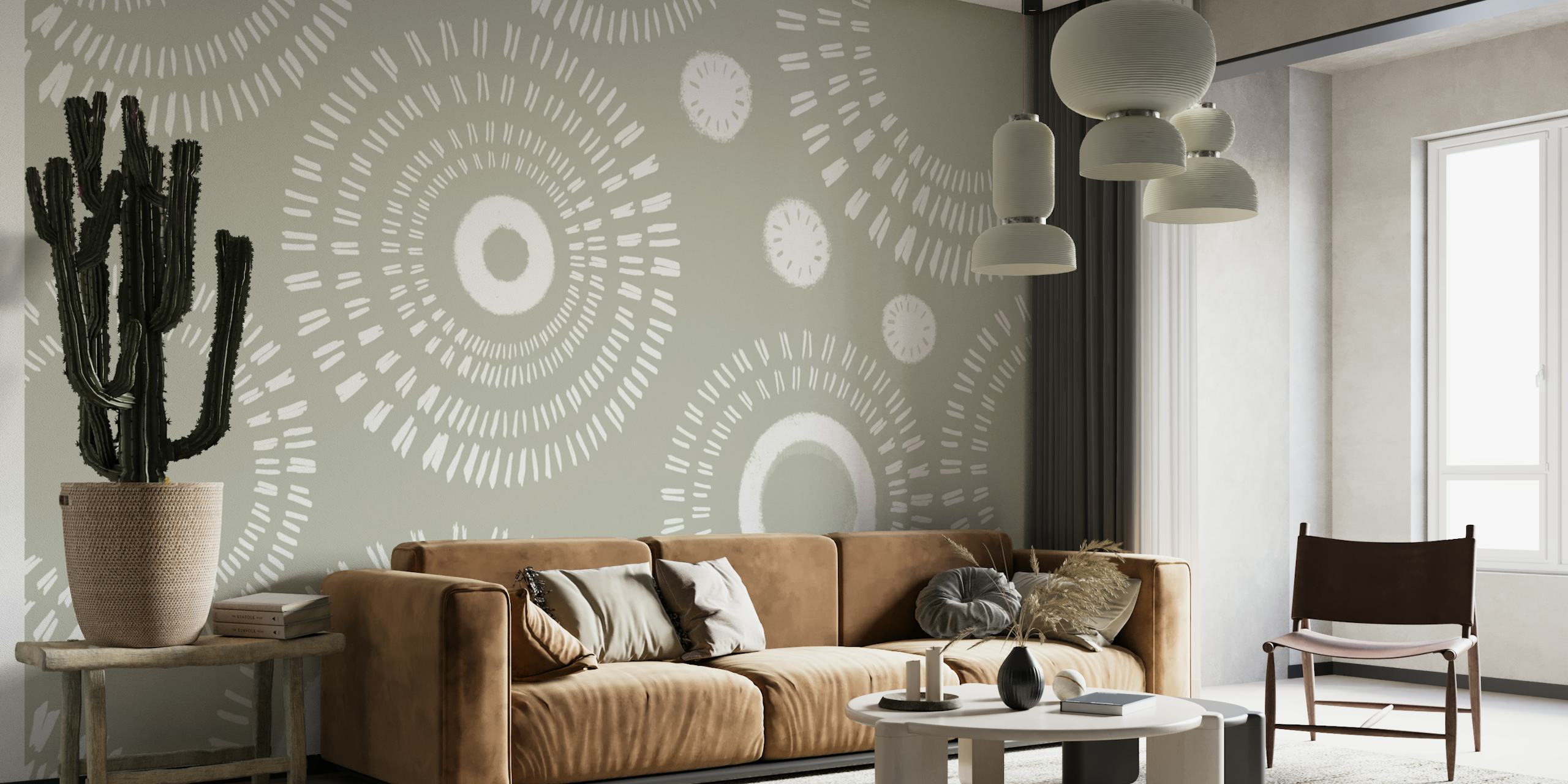 Boho-inspired wall mural with mandala patterns in neutral tones