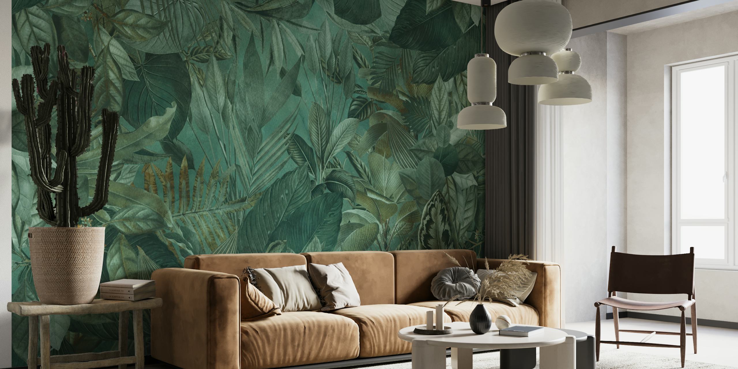 Smaragdinvihreä trooppinen viidakkoaiheinen seinämaalaus, jossa on tiheä lehdet ja kukkakuviot