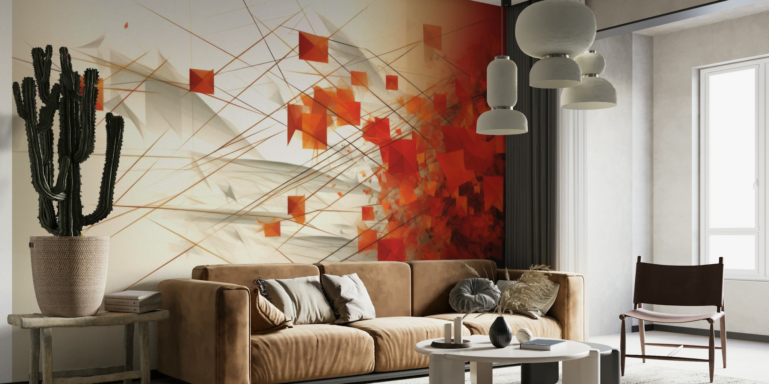 Muurschildering met abstracte geometrische vormen en herfstbladeren