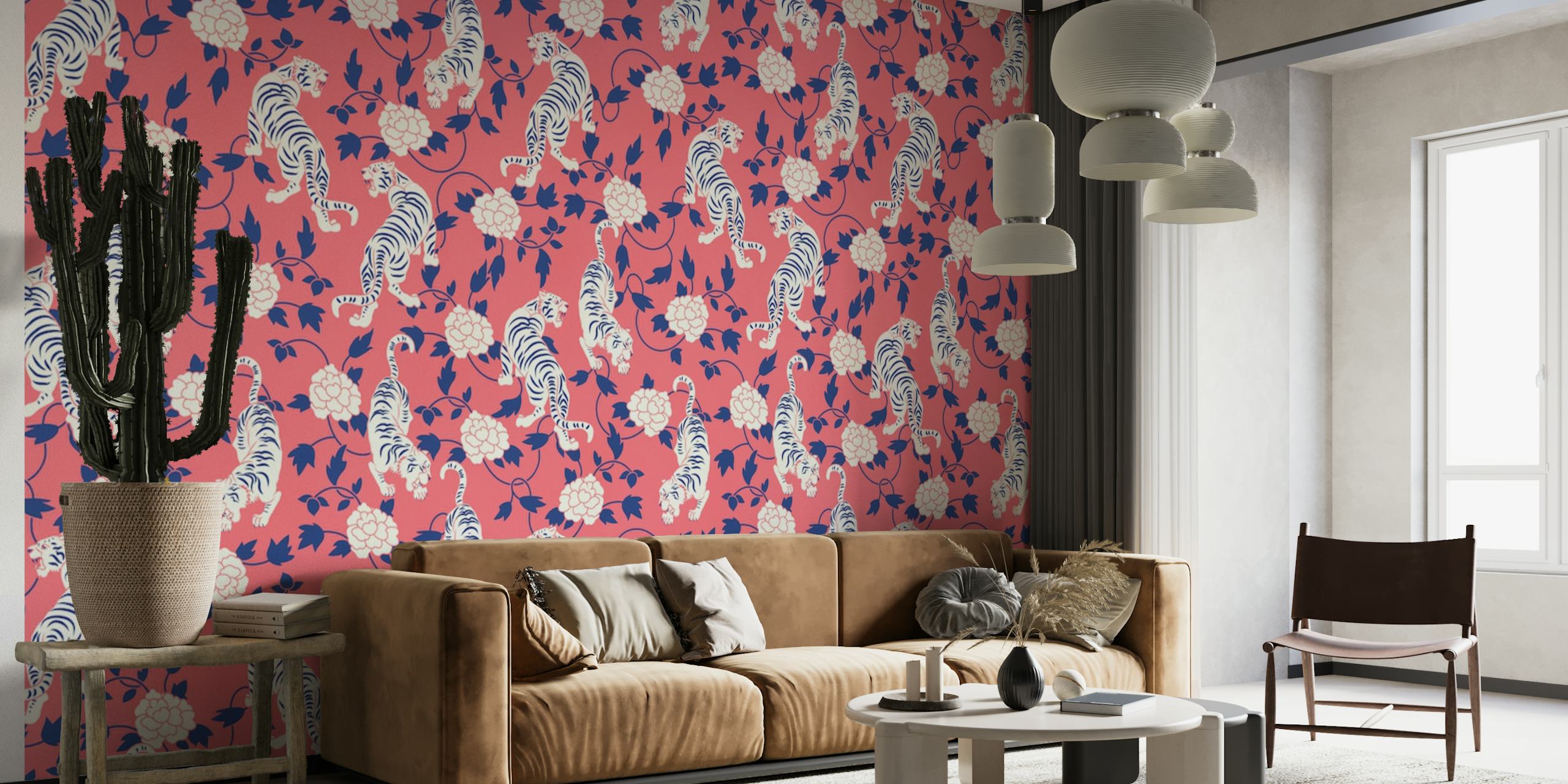Chinese Tigers and Flowers in Coral Pink, White and Navy Blue carta da parati
