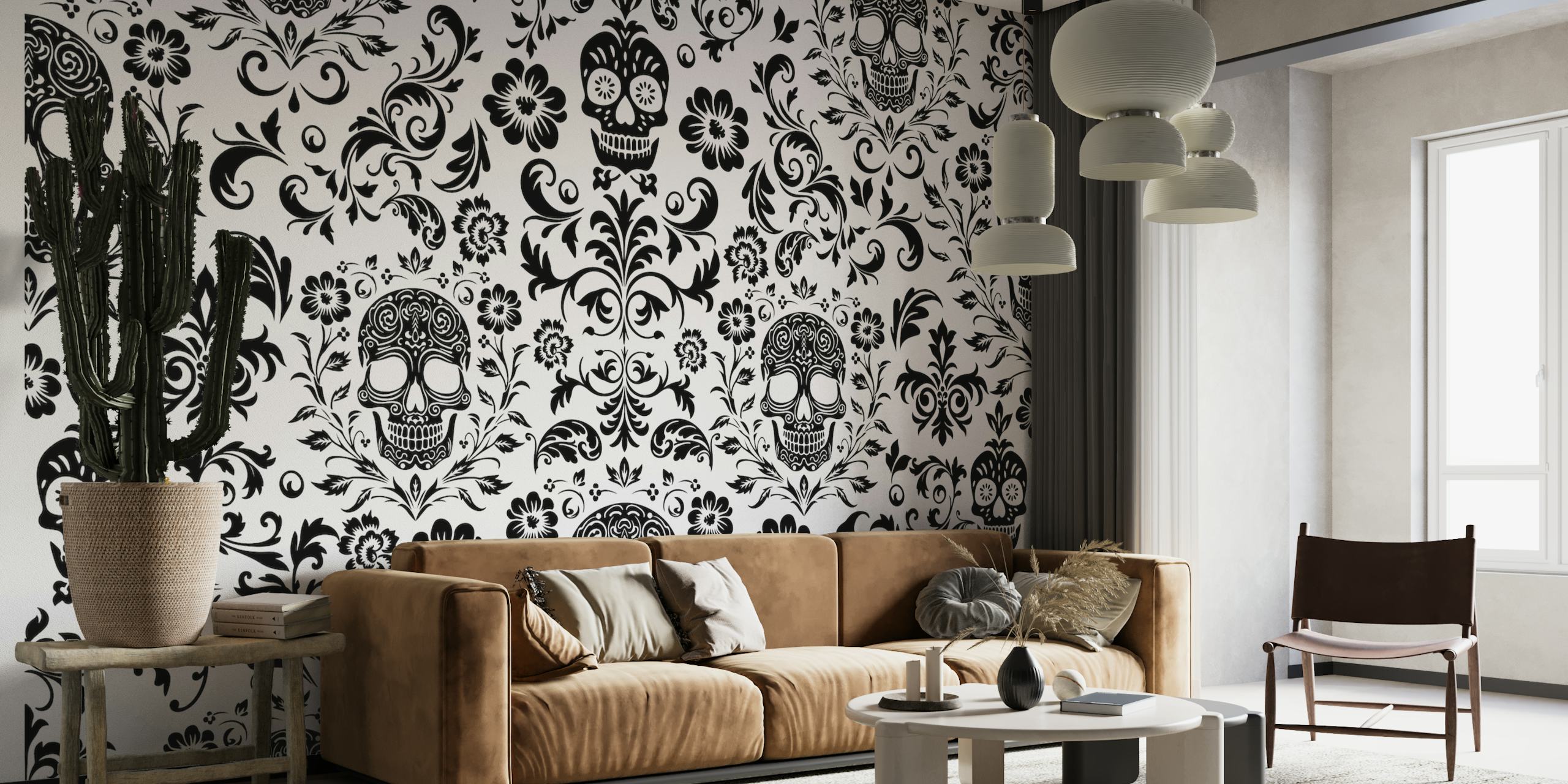 Mural de parede místico macabro damasco em preto e branco com motivos de caveira e padrões florais
