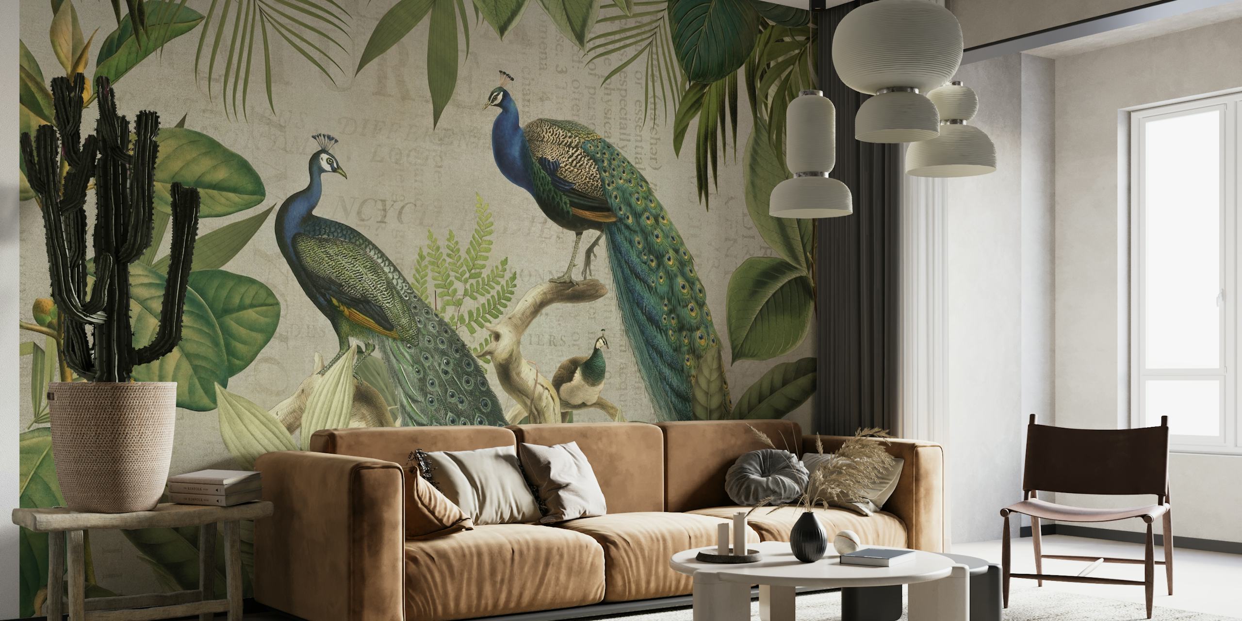 Majestic Peafowls In The Jungle And Vintage Typography papel de parede
