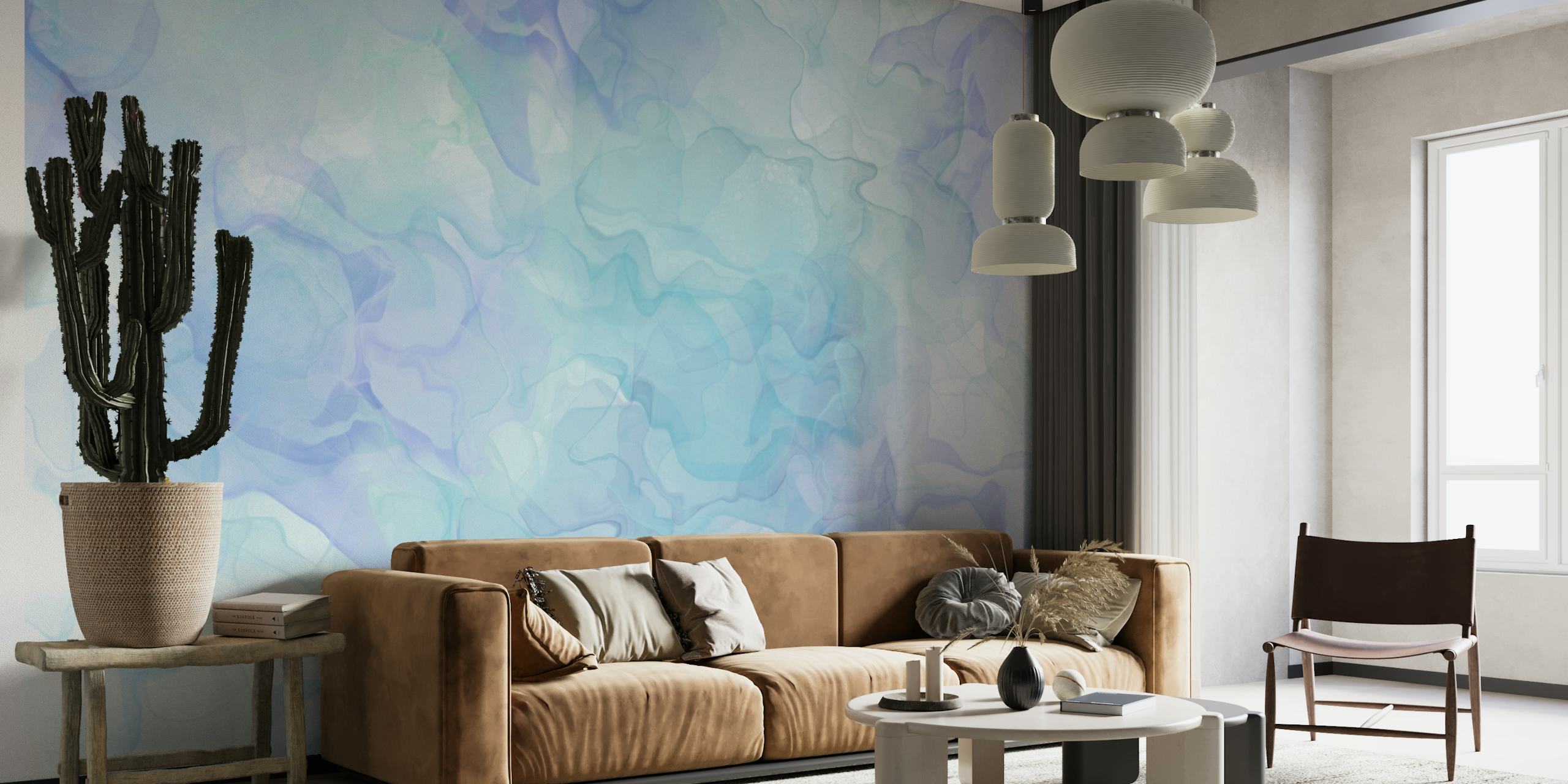 Design abstrato de fotomural vinílico de parede com tinta de álcool azul e branco