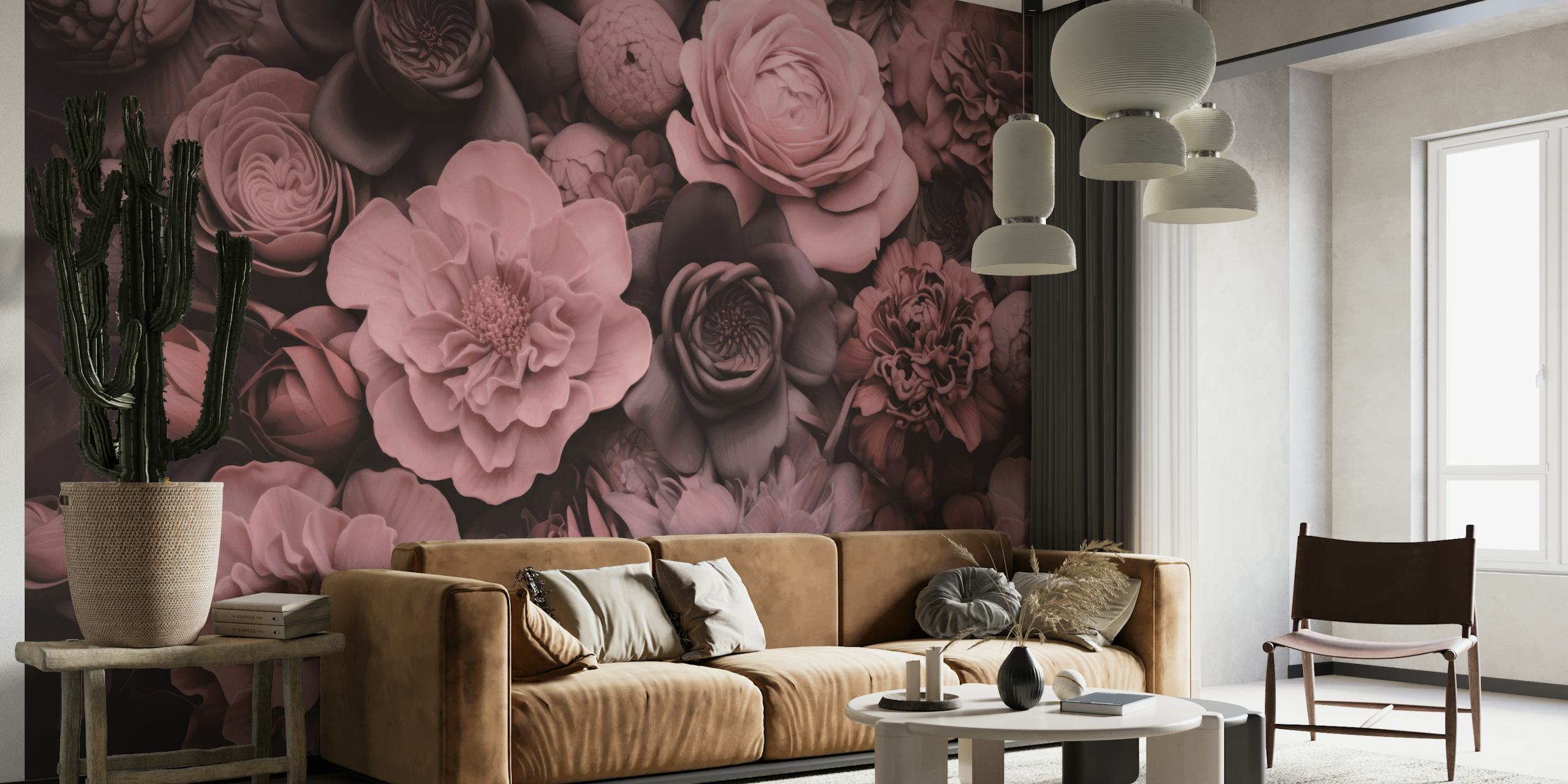 Opulento mural de pared de flores barrocas con un cambiante diseño de arte botánico de color rosa polvoriento