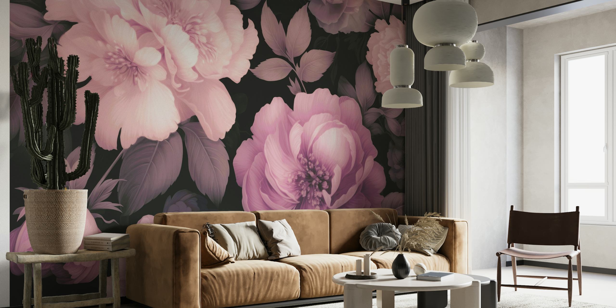Opulent Baroque Flowers Moody Botanical Art Pink tapetit
