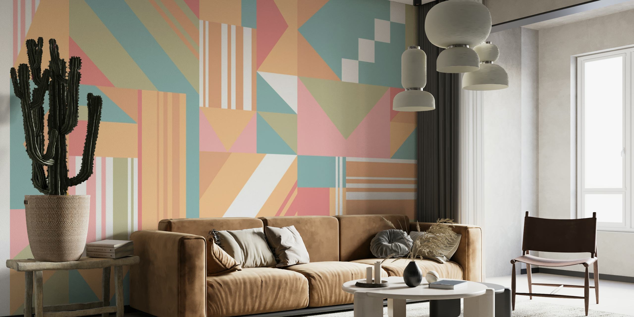 Muurschildering met abstract geometrisch patroon met pastelkleuren