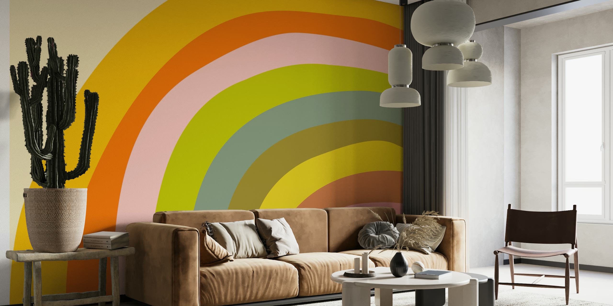 A wall mural with a bold and colorful abstract rainbow arc in warm and cool shades.