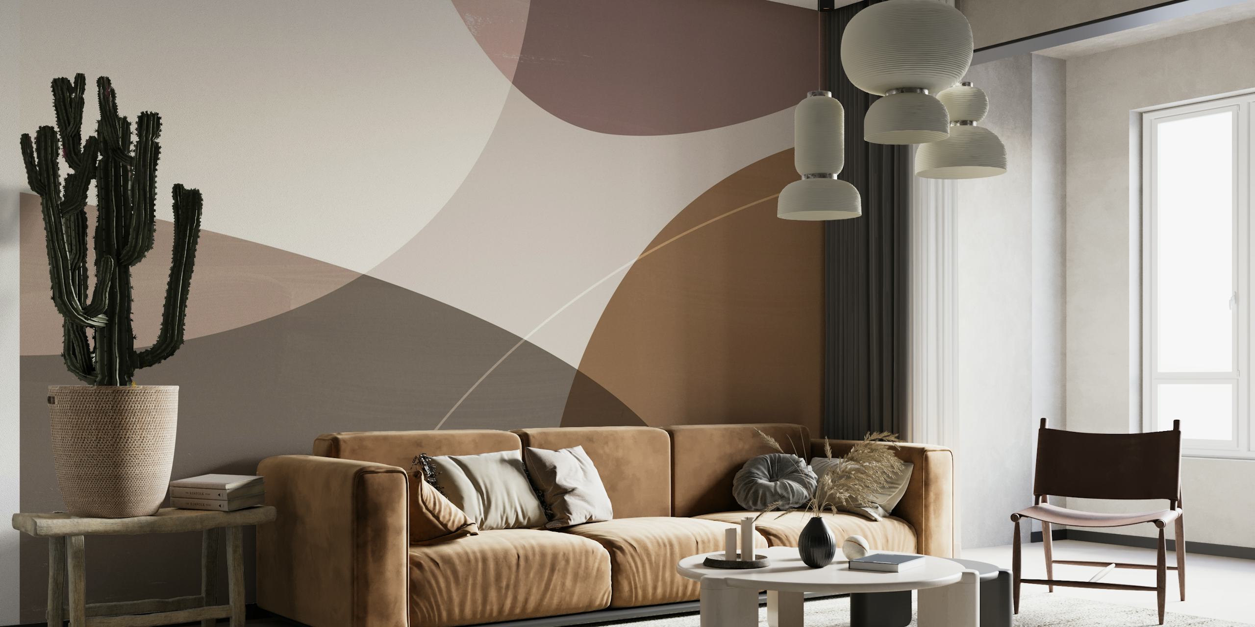 Abstracte aardse gekleurde vormen muurschildering met taupe, beige en bruine tinten