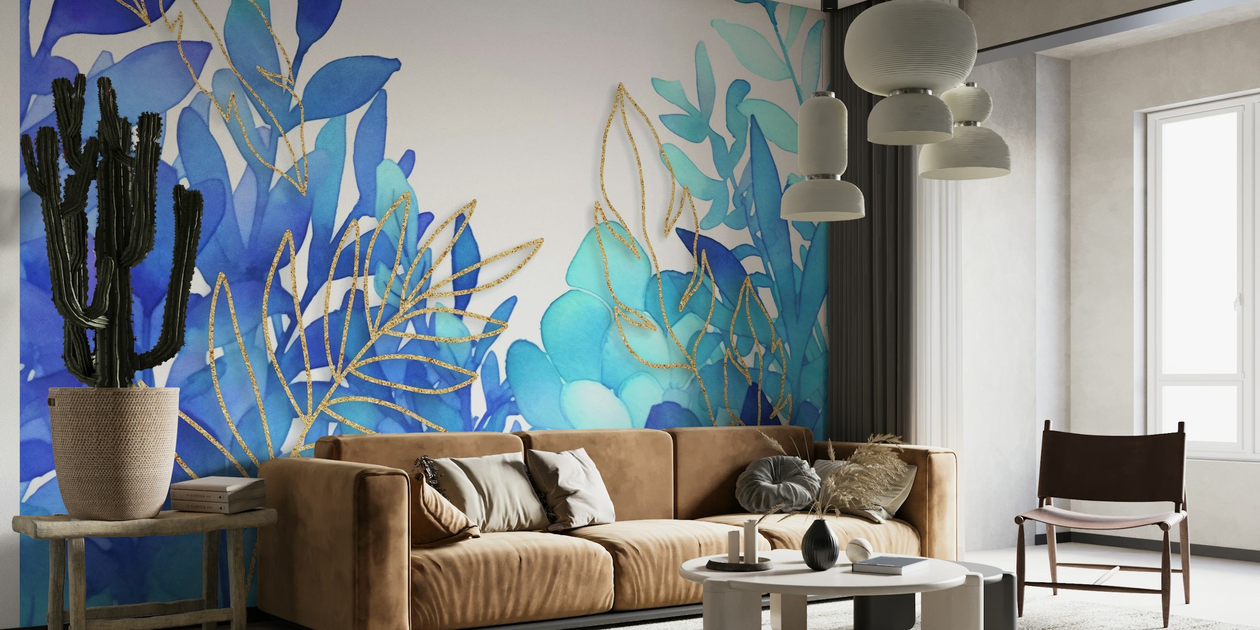 Turquoise Blue Foliage With Gold Lines wallpaper