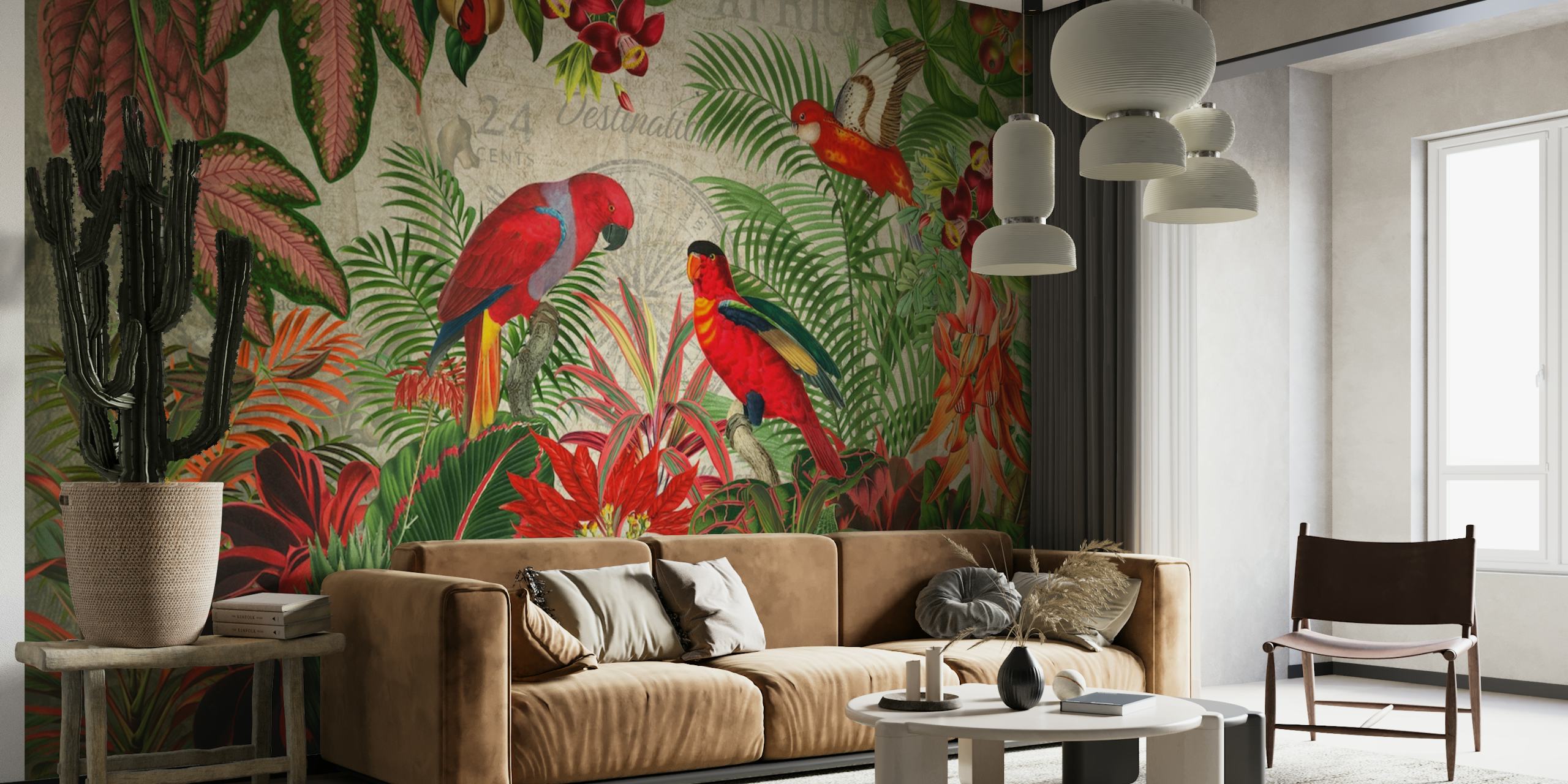 Vintage Rainforest With Tropical Red Flowers And Parrots papel de parede