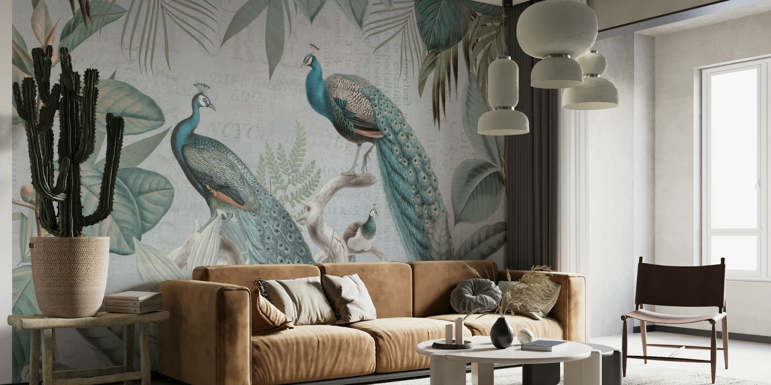 Majestic Peafowls In The Jungle And Vintage Typography Light Teal papel de parede