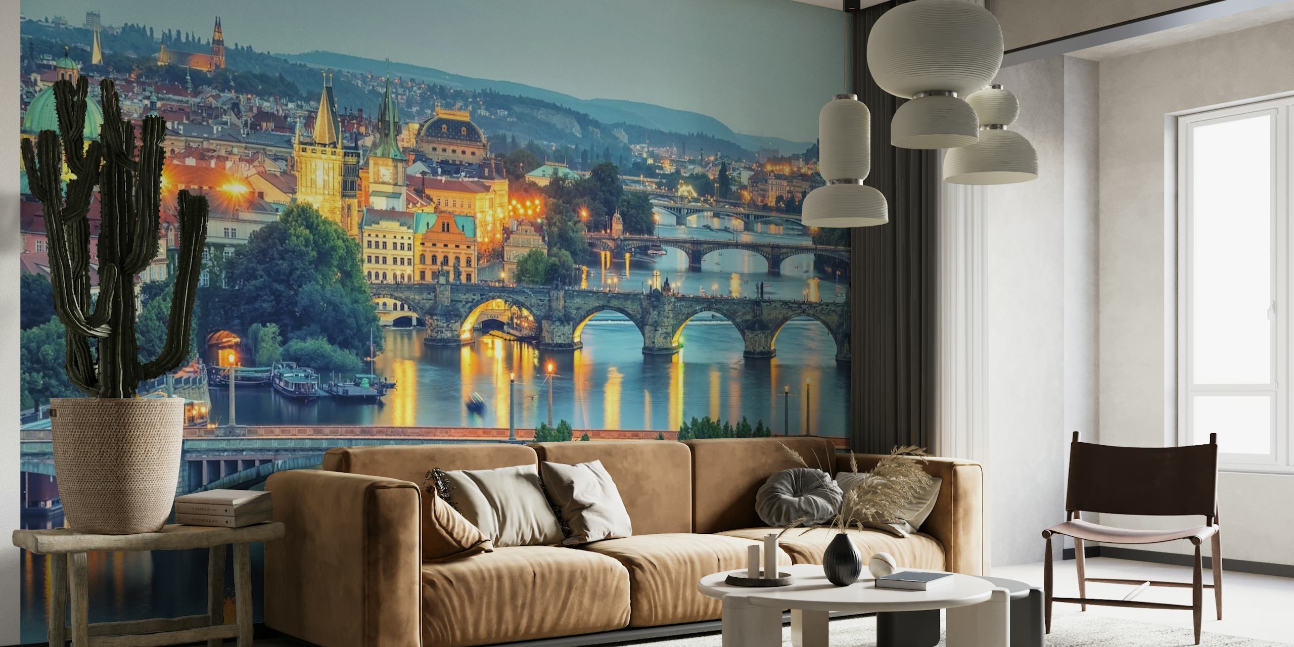 Crepuscolo sul murale sullo skyline di Praga con ponti e sfumature blu