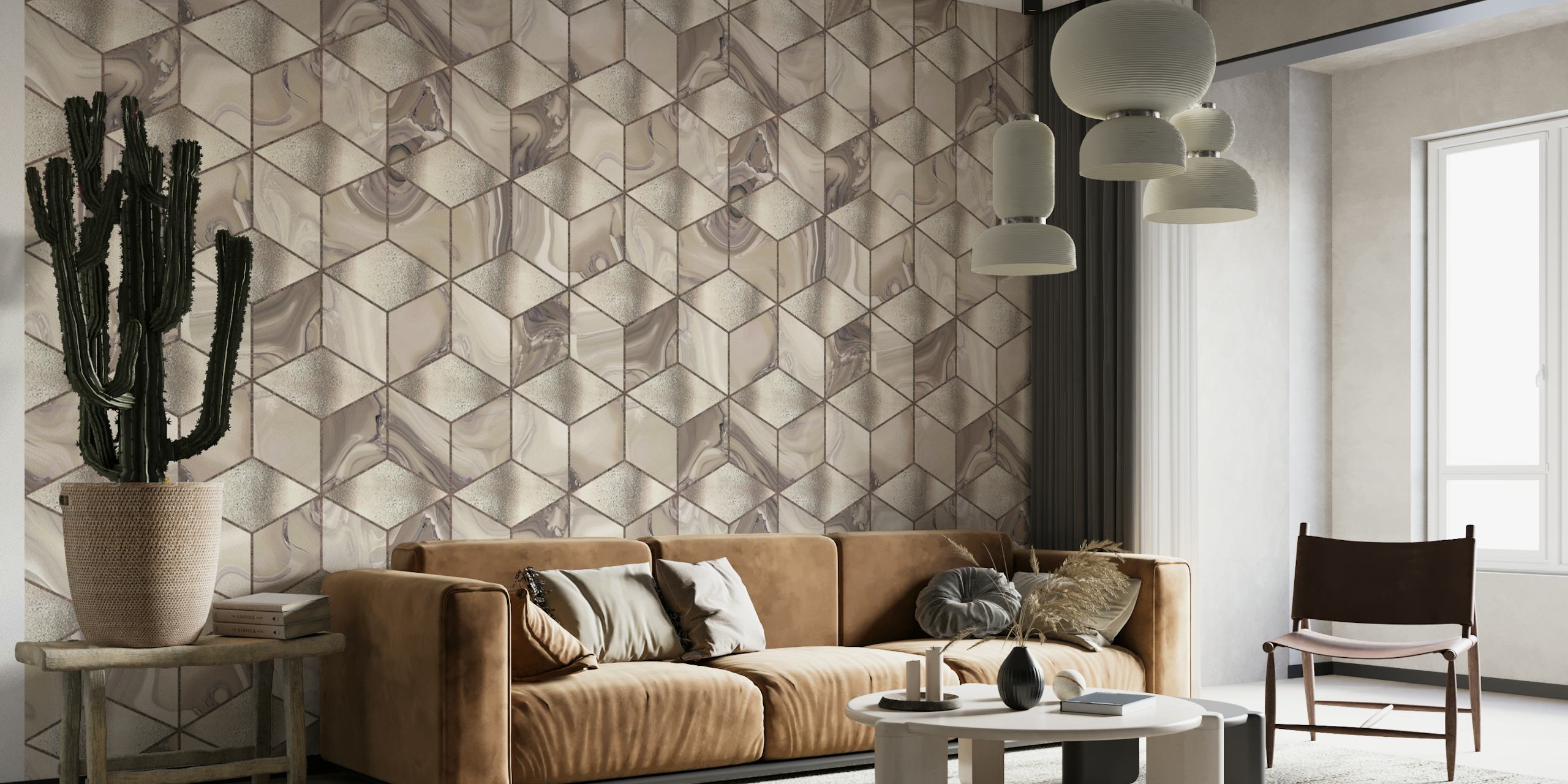 Cubics moderne 3D geometri marmor mønster vægmaleri i blush og creme farver