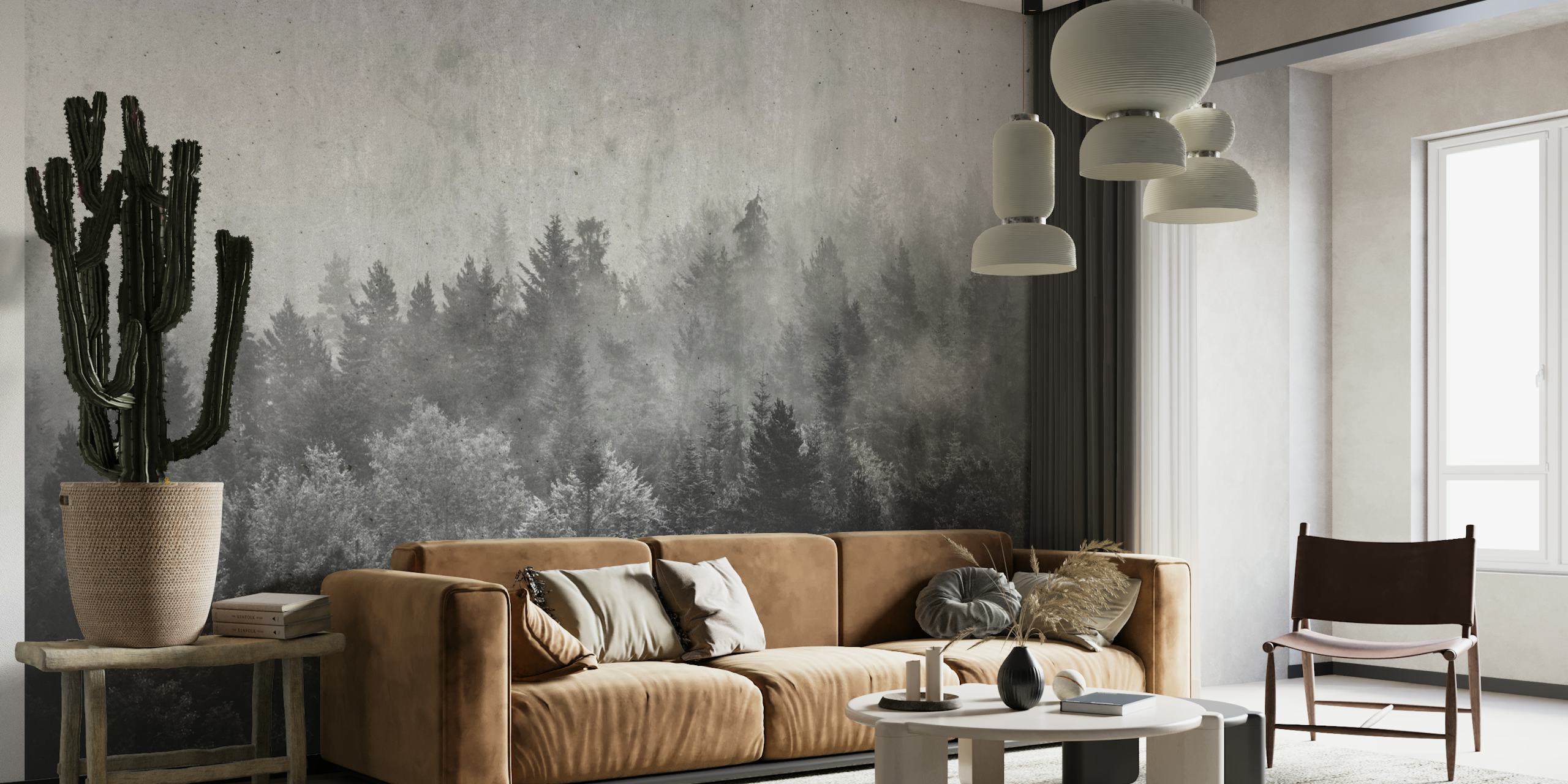 Monochrome foggy forest wall mural with trees fading into mist