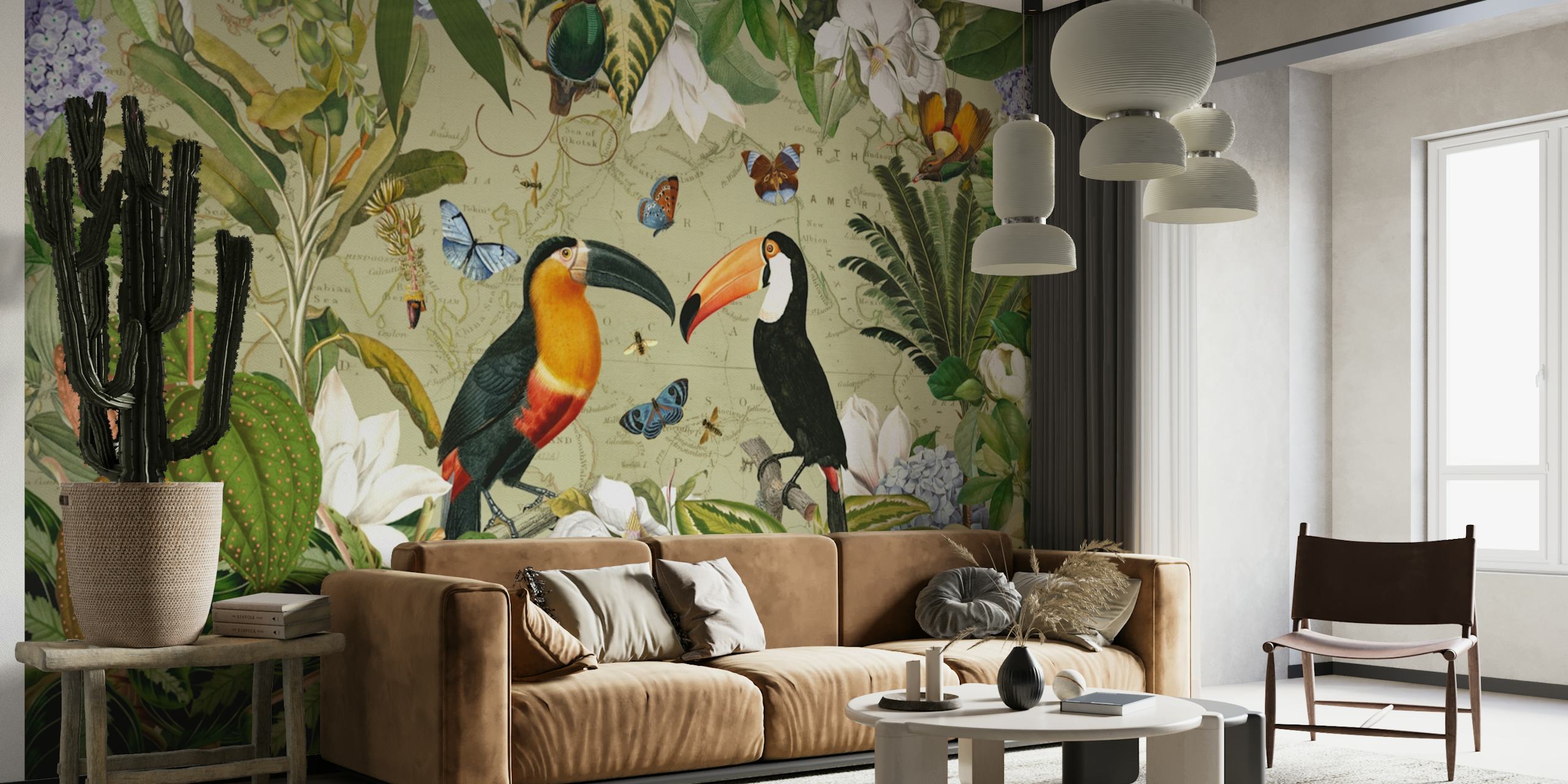 Exotic Toucan Adventure wall mural with colorful toucans and tropical foliage