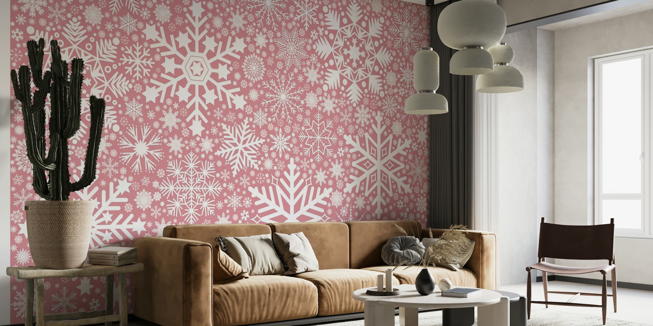 Tyylikäs vaaleanpunainen lumihiutalekuvioinen seinämaalaus viihtyisään sisustukseen