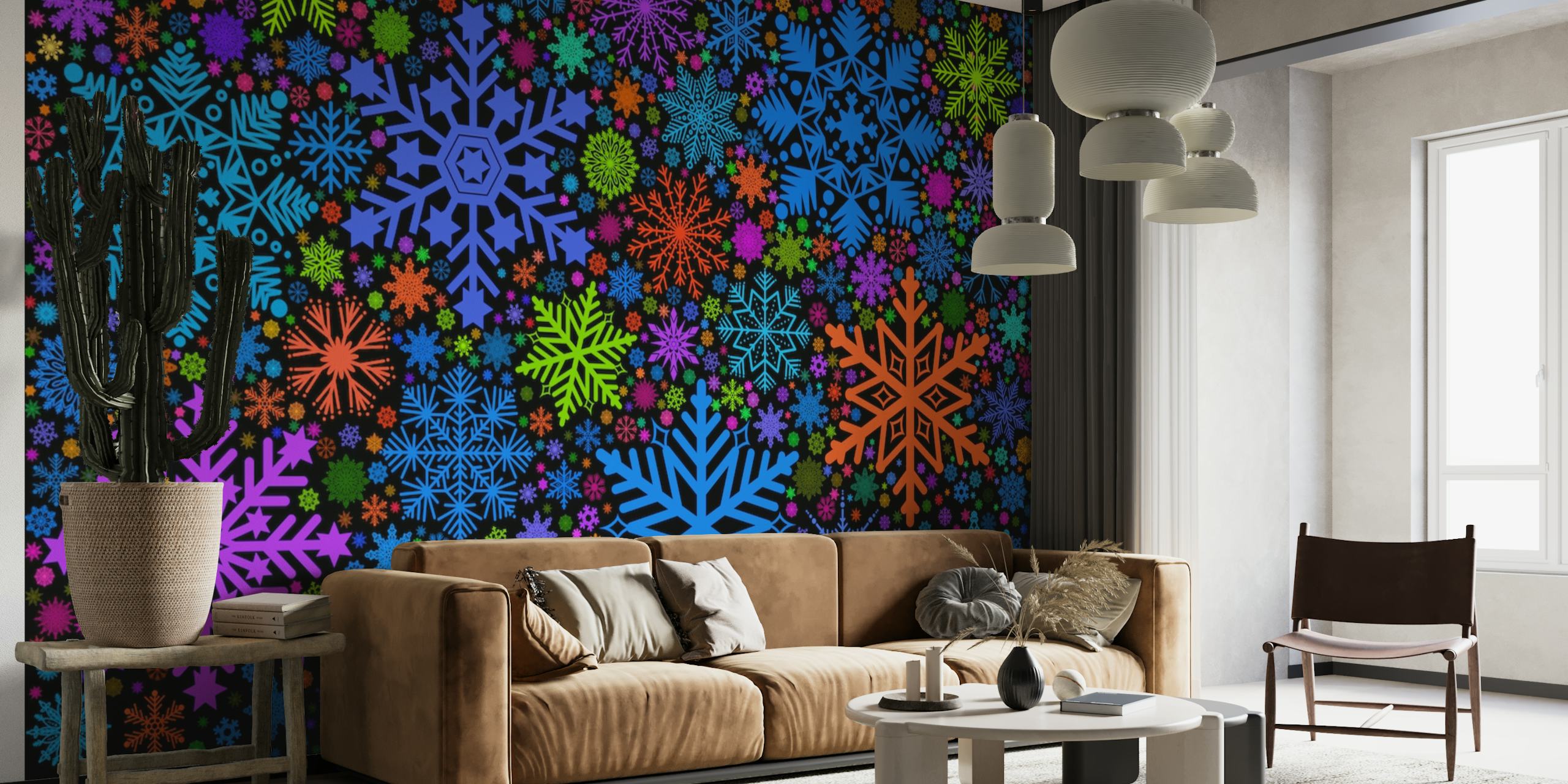 Mural de parede com padrões de flocos de neve coloridos em happywall.com