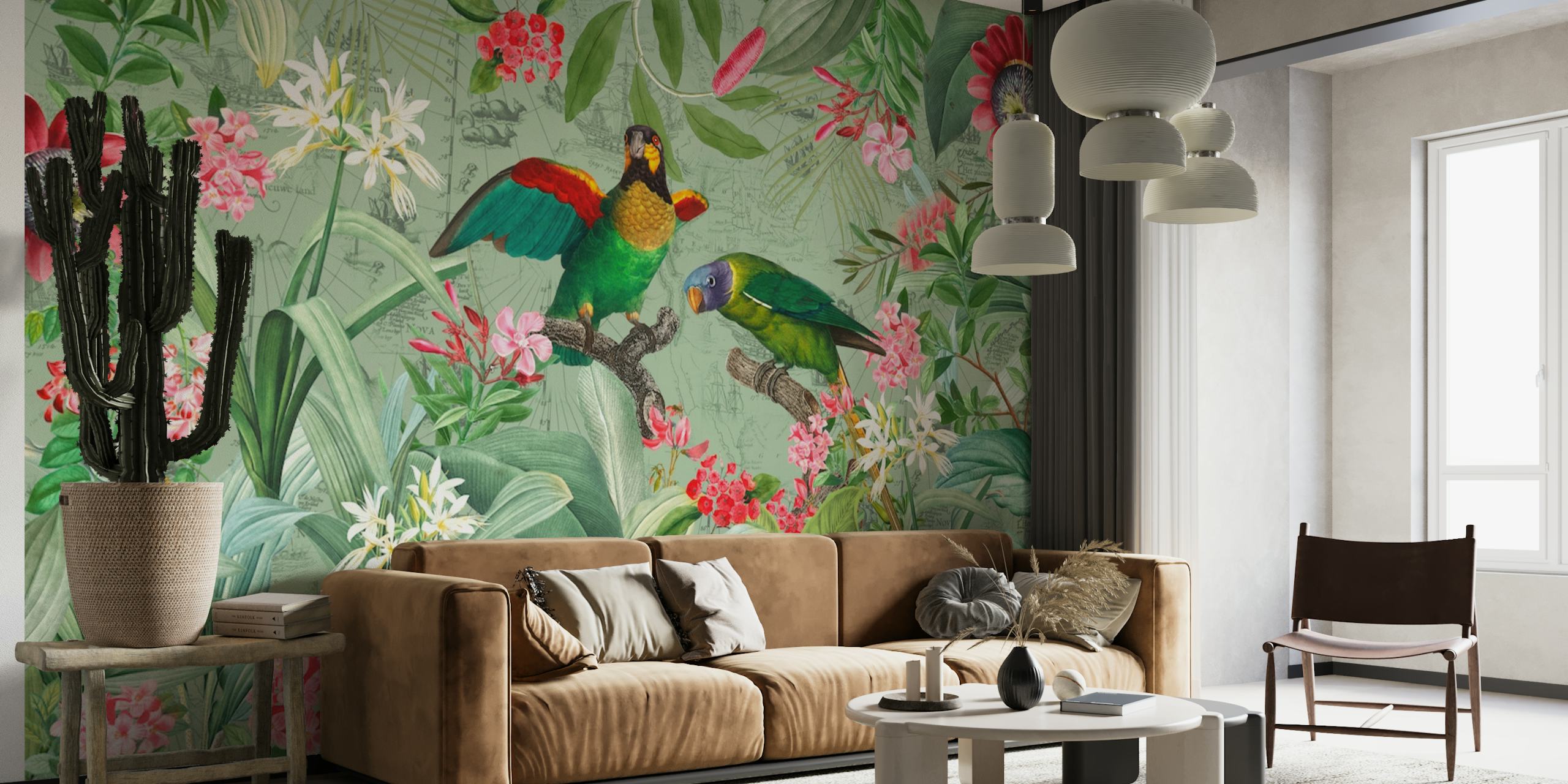 Colorful Parrots In Flower And Floral Tropical Jungle tapete