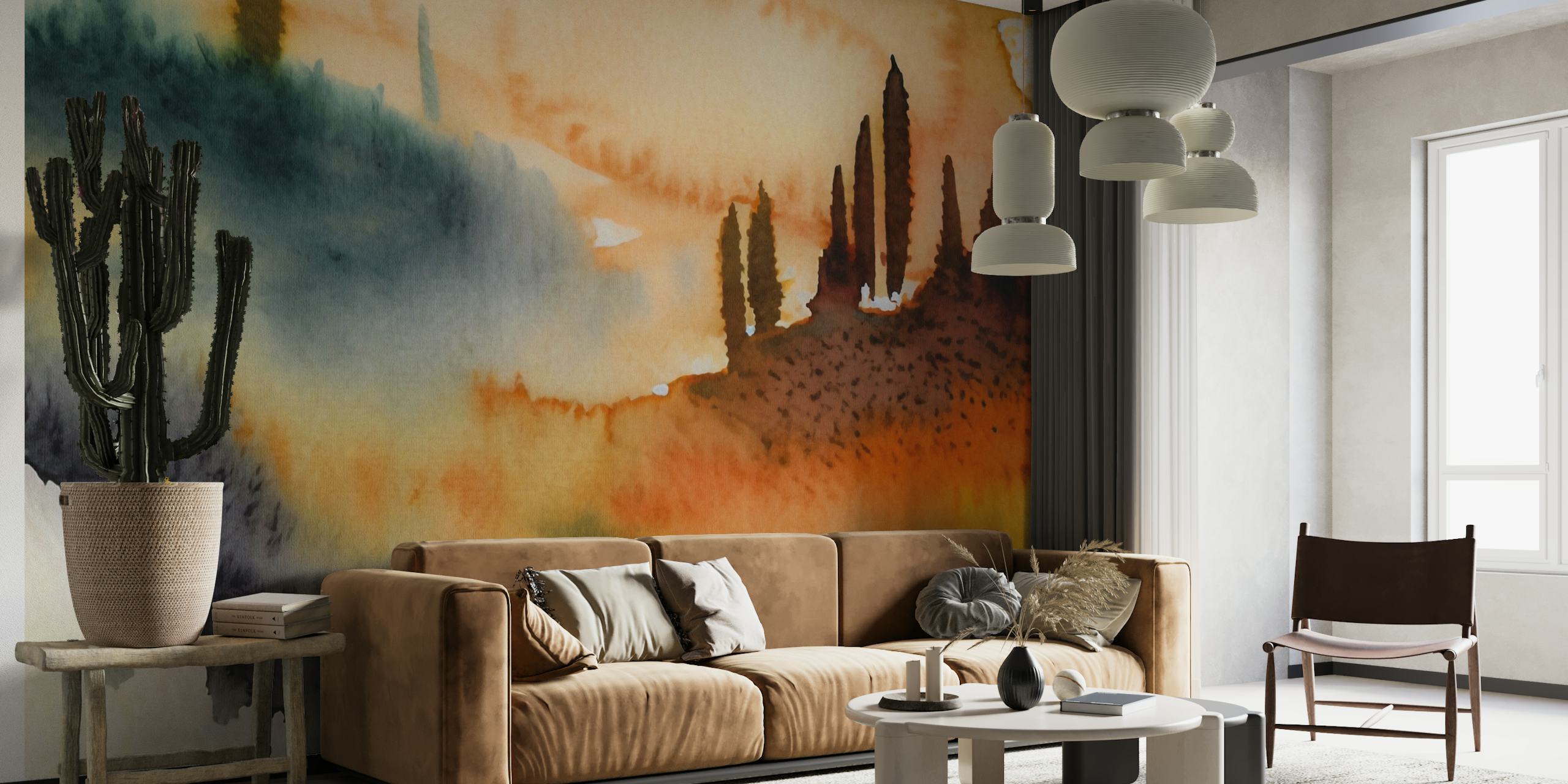 Fotomural vinílico de parede em aquarela da zona rural da Toscana com tons quentes do pôr do sol e colinas
