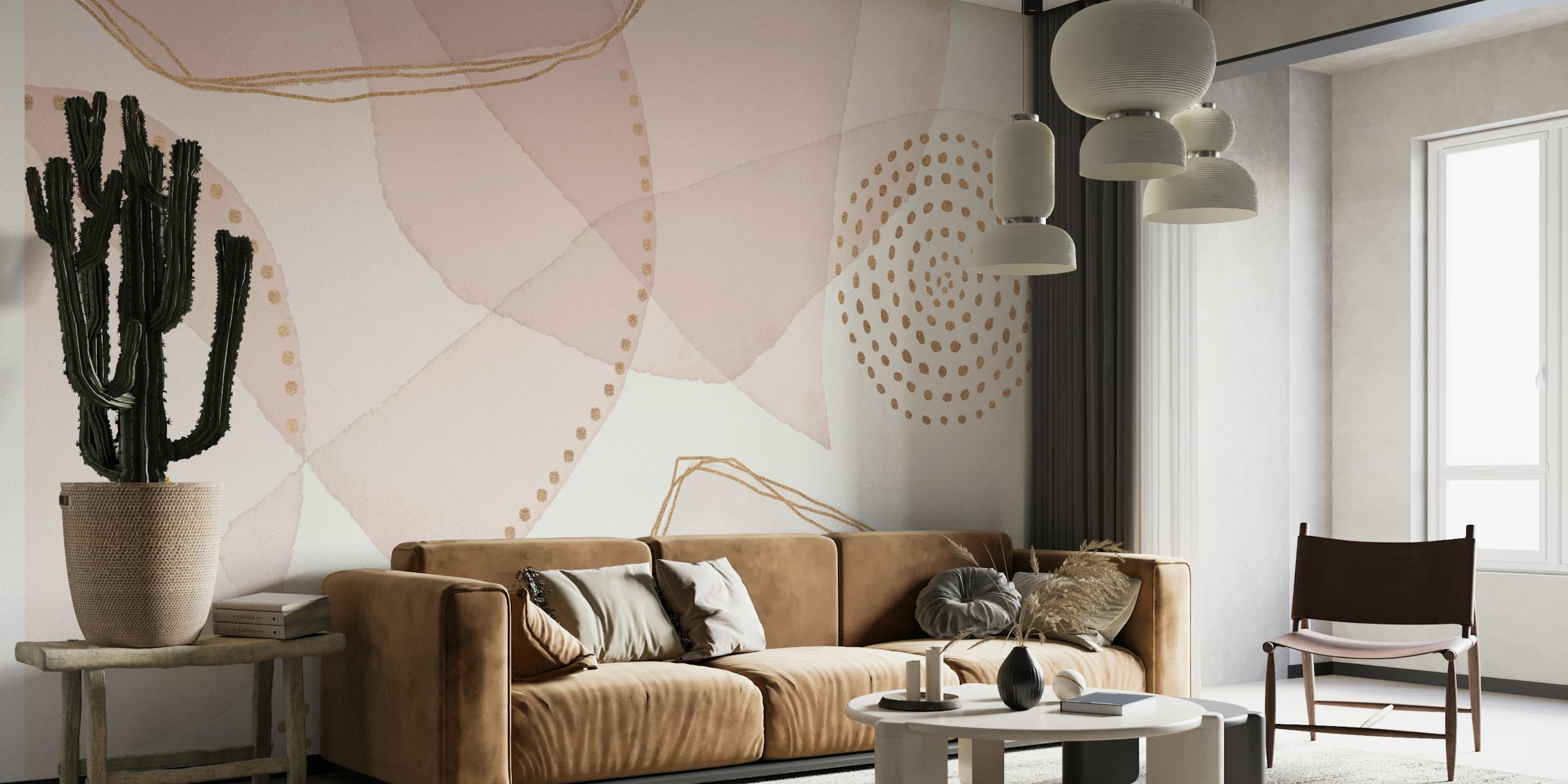 Mural de parede com formas abstratas em tons pastéis e uma vibração boêmia de luxo