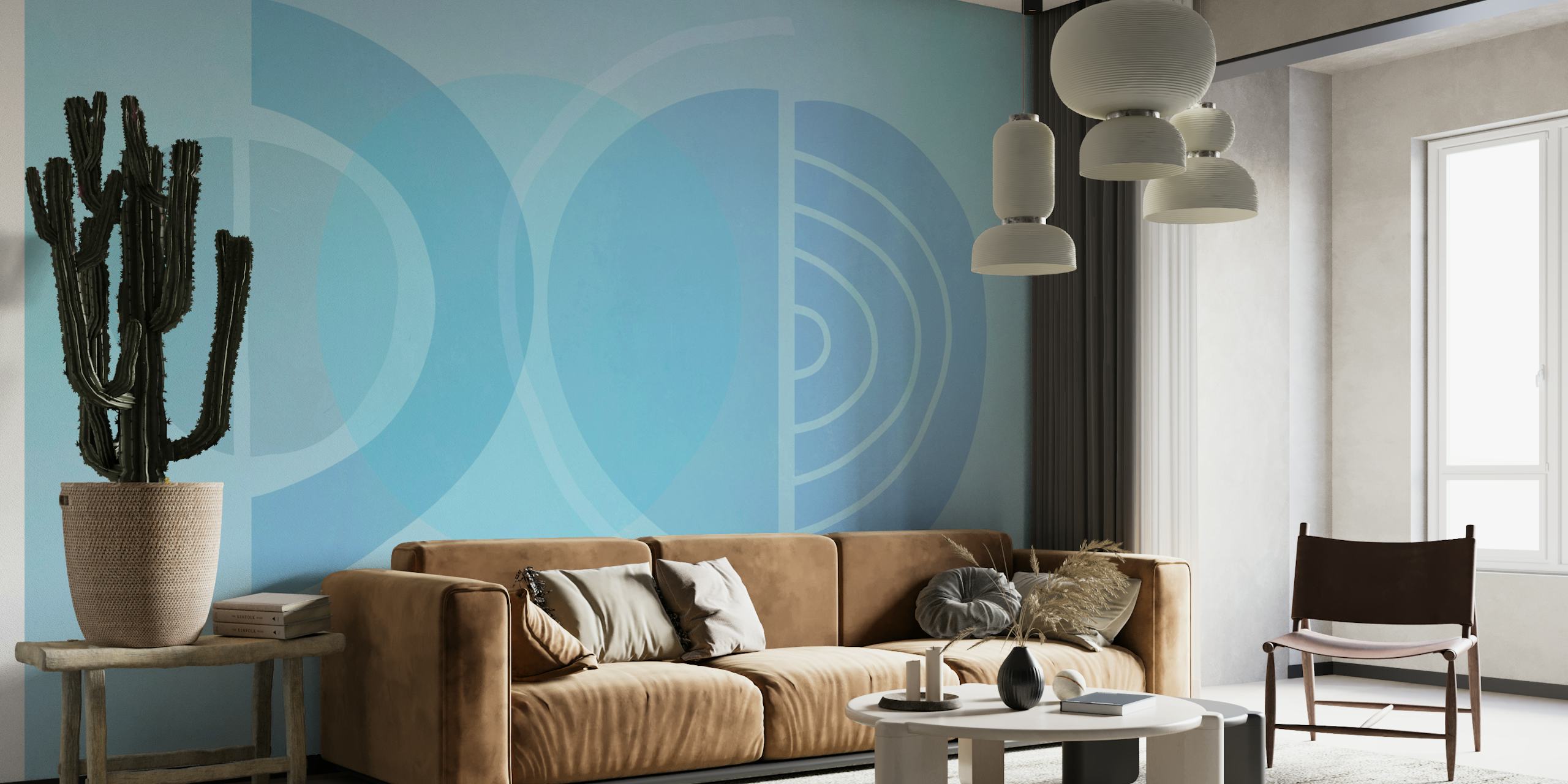 Mid Century Eclectic Calm Vibes In Pastel Aqua Blue Shapes papel de parede