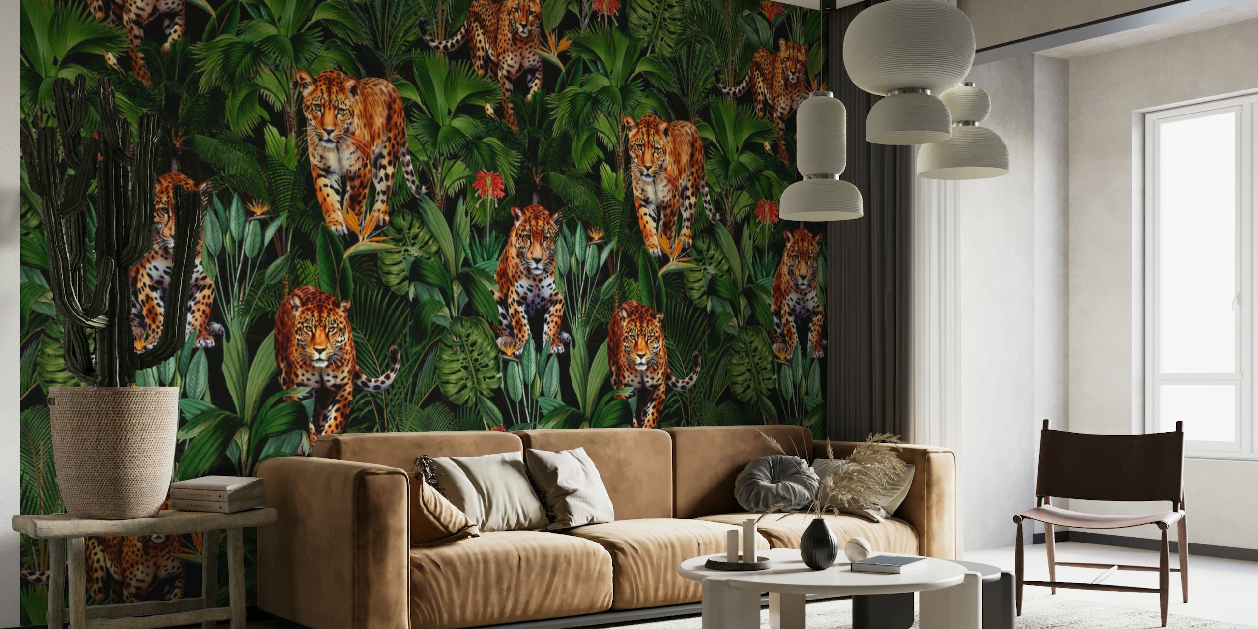 Een weelderige jungle muurschildering met tijgers verborgen tussen groen gebladerte in een nachtelijke omgeving.