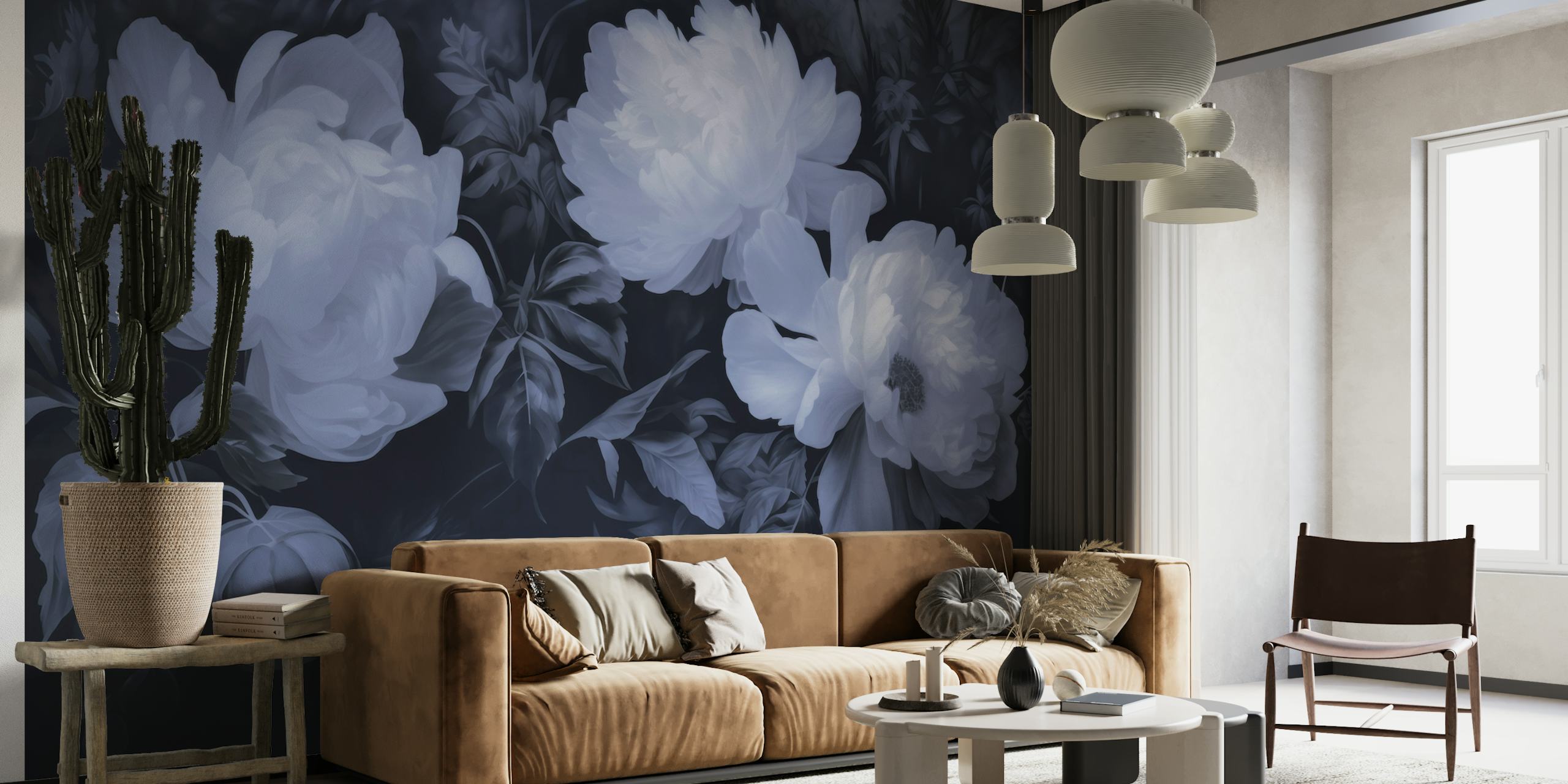 Opulent Baroque Flowers Moody Botanical Art Navy Blue papel de parede