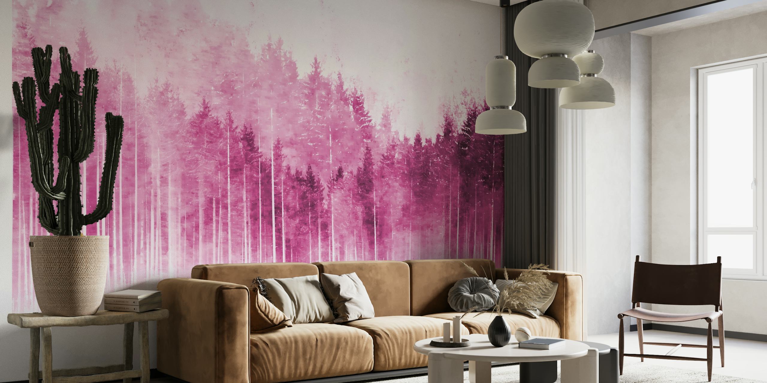 Fotomural vinílico de parede com silhueta de floresta de pinheiros magenta em happywall.com