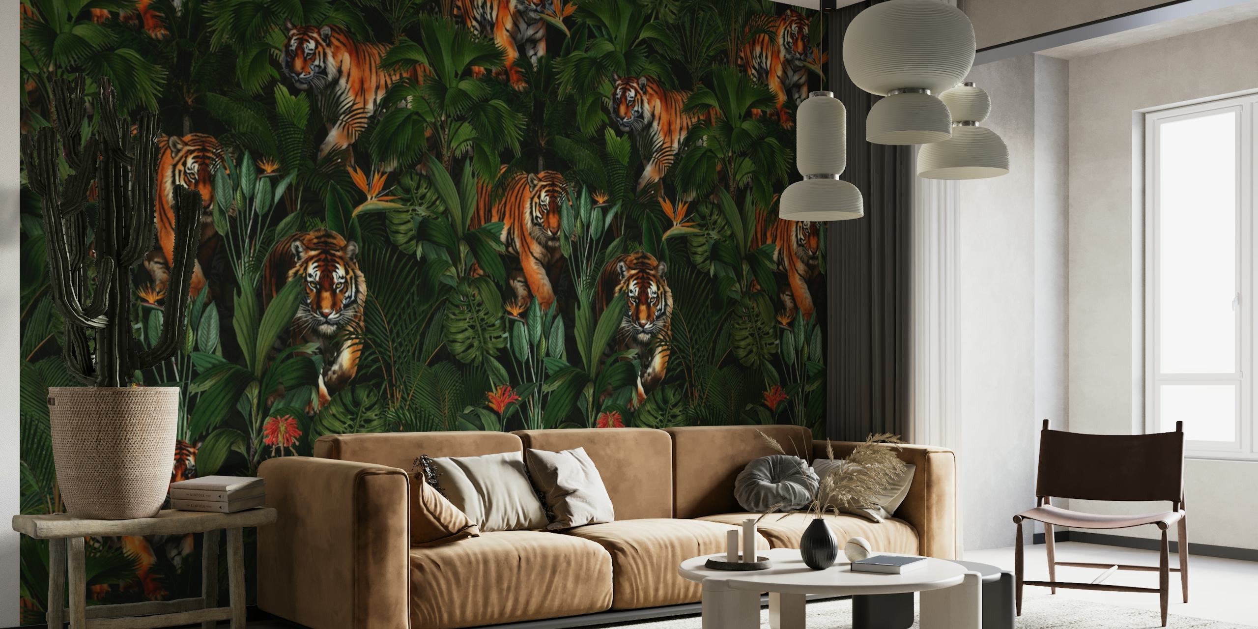 Rehevä viidakko yöllä seinämaalaus tiikereillä ja trooppisilla kasveilla