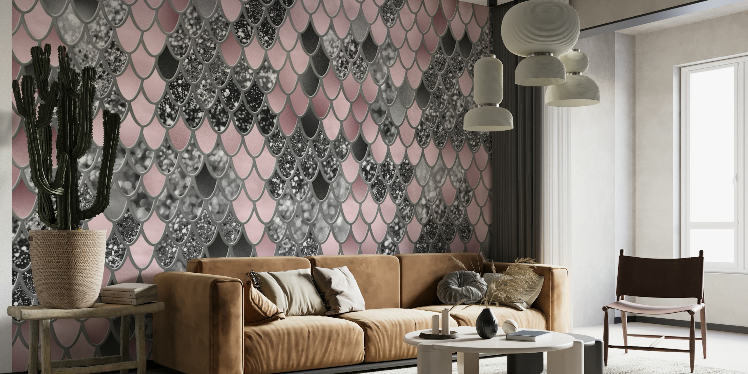 Blozen roze zilver zwart zeemeermin schalen glamoureuze muur muurschildering