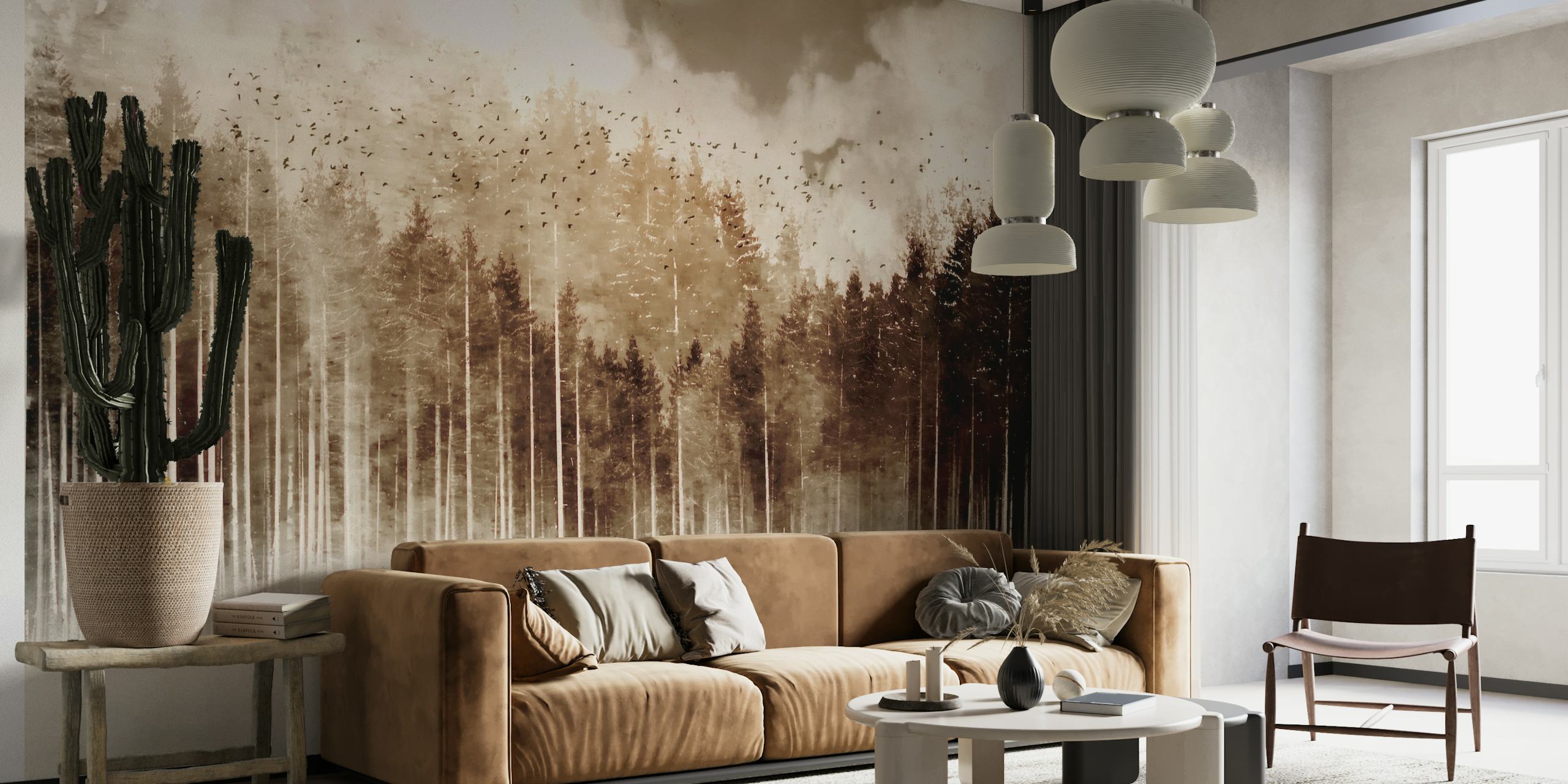 Mural de bosque misterioso en tonos sepia con densos árboles y niebla