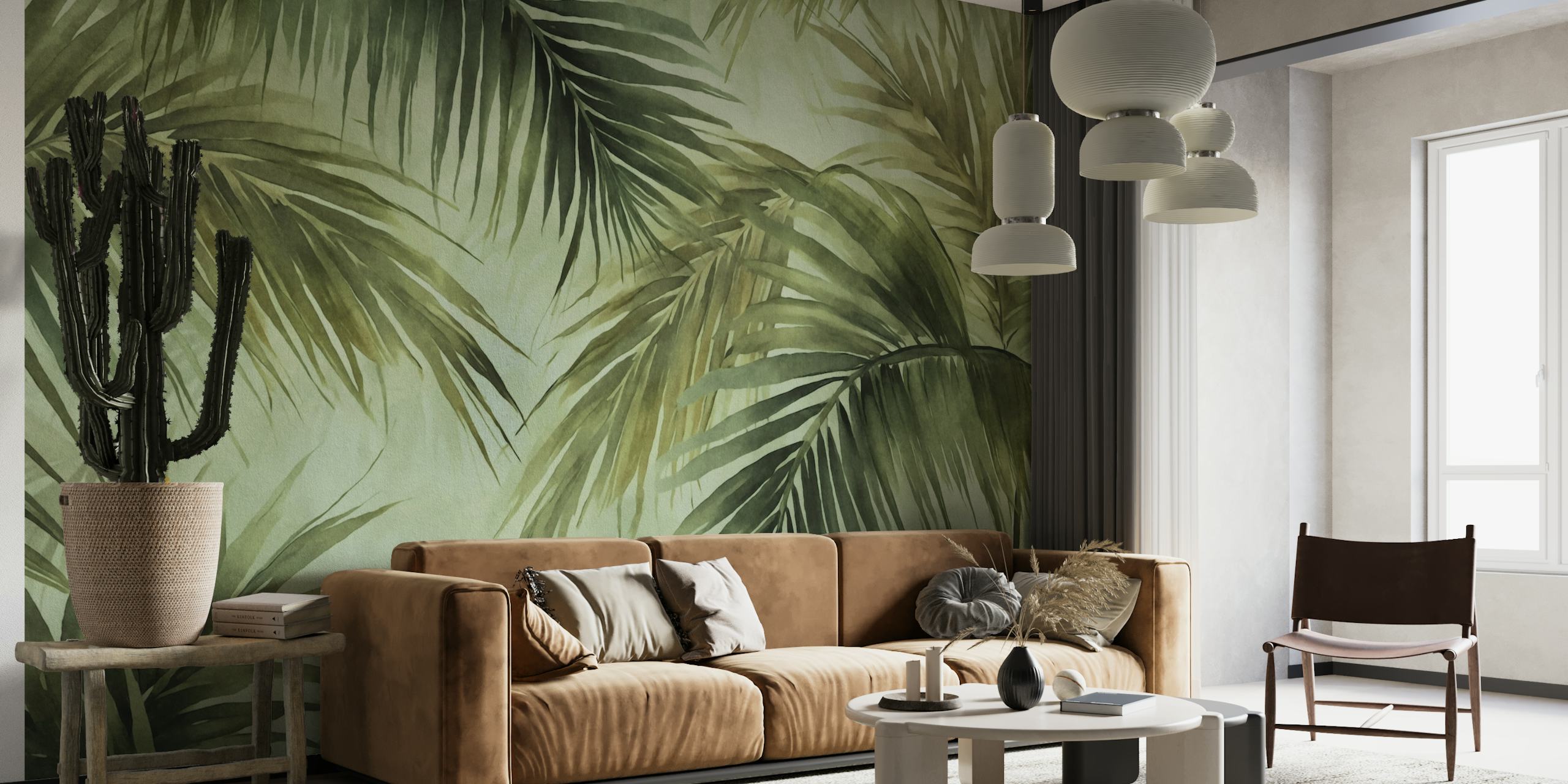 Akvarelová nástěnná malba palmového listu v náladových odstínech, ideální pro vytvoření atmosféry tropického ostrova.