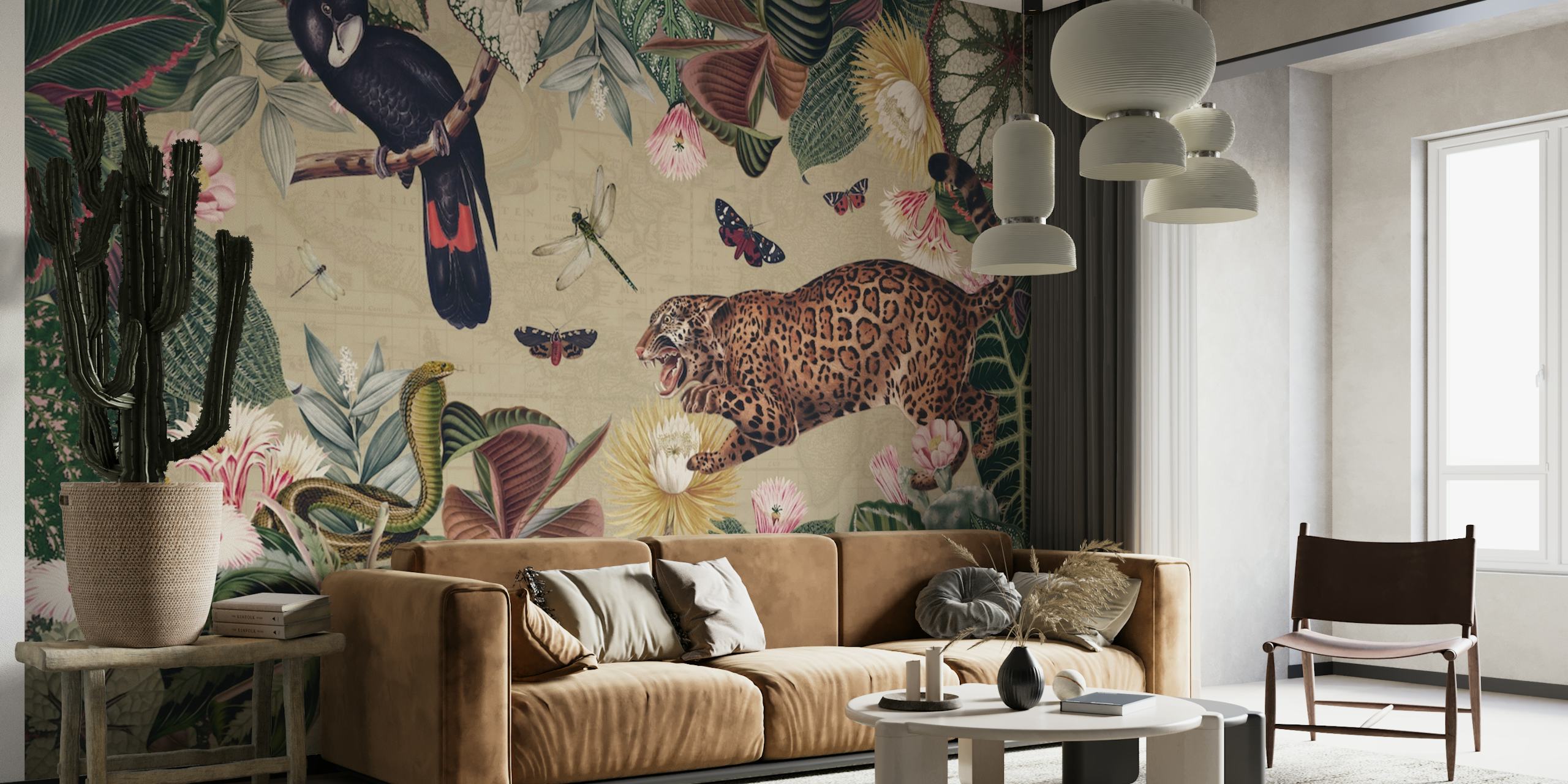 Eksoottinen viidakon seinämaalaus, jossa on kuva villieläimistä ja trooppisista kasveista