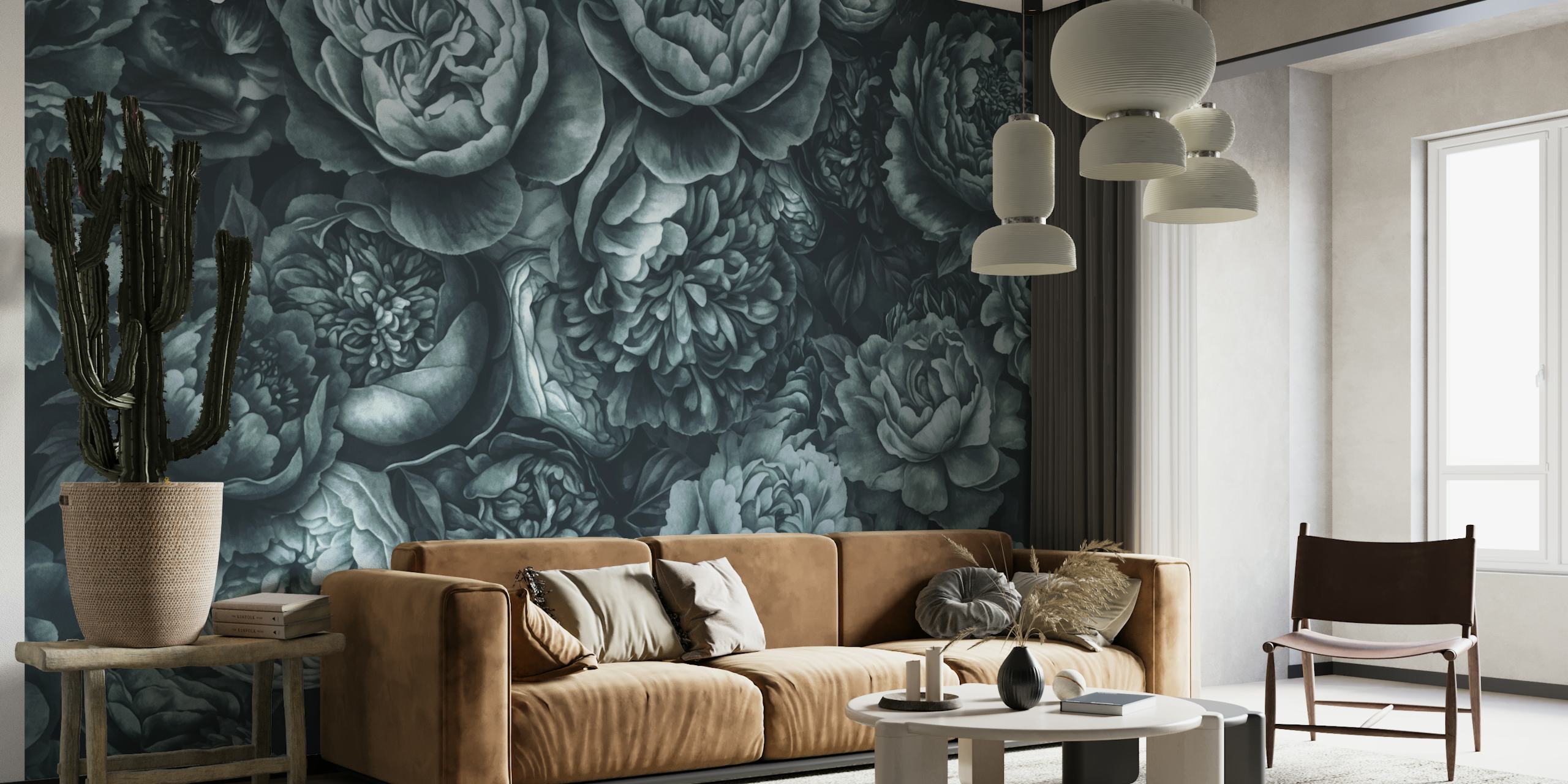 Moody Baroque Velveteen Flowers Teal Grey wallpaper