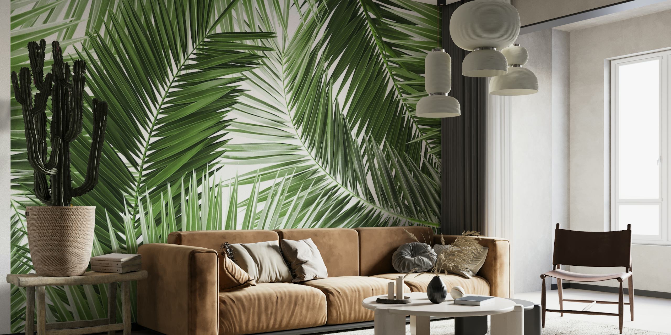 Rehevän vihreä palmunlehtikuvioinen seinämaalaus sisustukseen