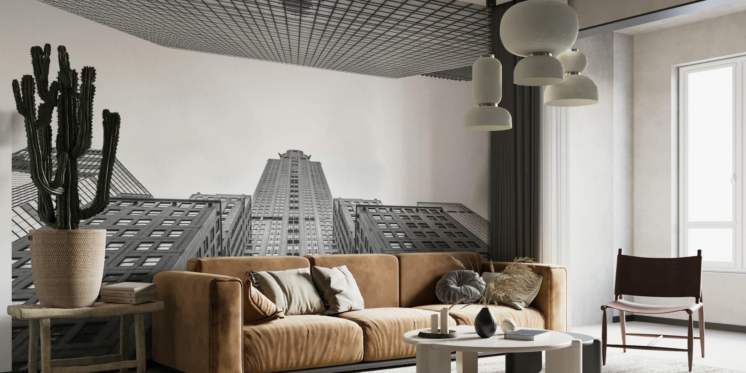 Black and white wall mural of skyscrapers viewed from below