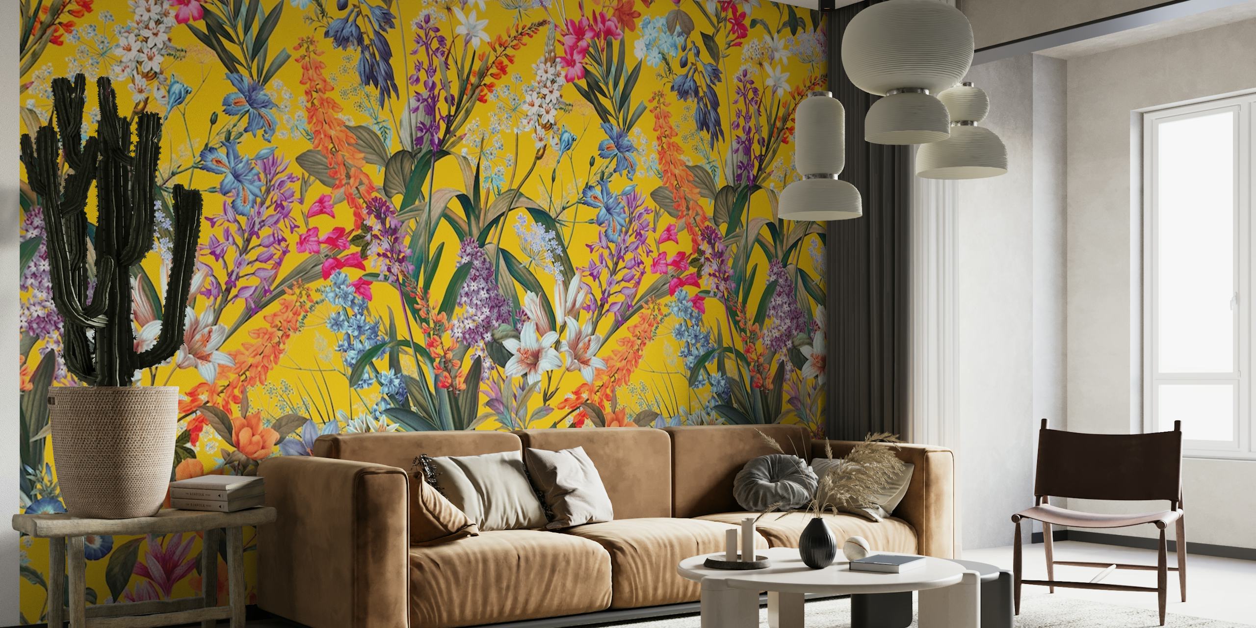 Colorful summer floral wall mural on a yellow background