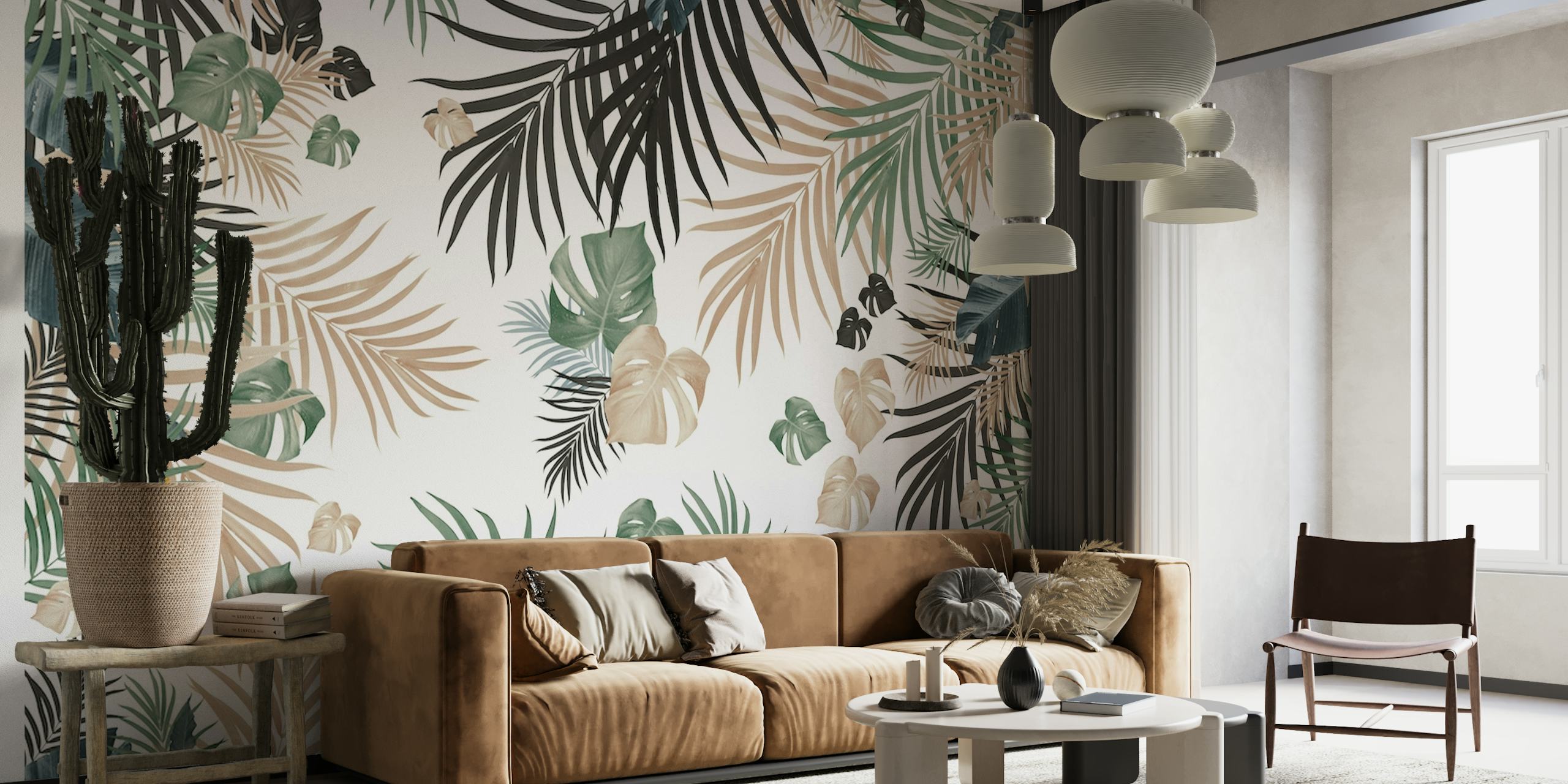 Tropische Jungle Leaves muurschildering met een verscheidenheid aan groen blad