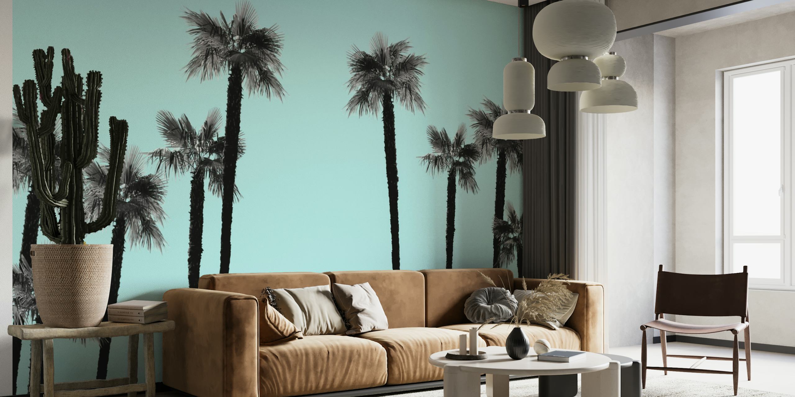 Mustavalkoisia palmujen siluetteja pastellinsinisellä taustamaalauksella
