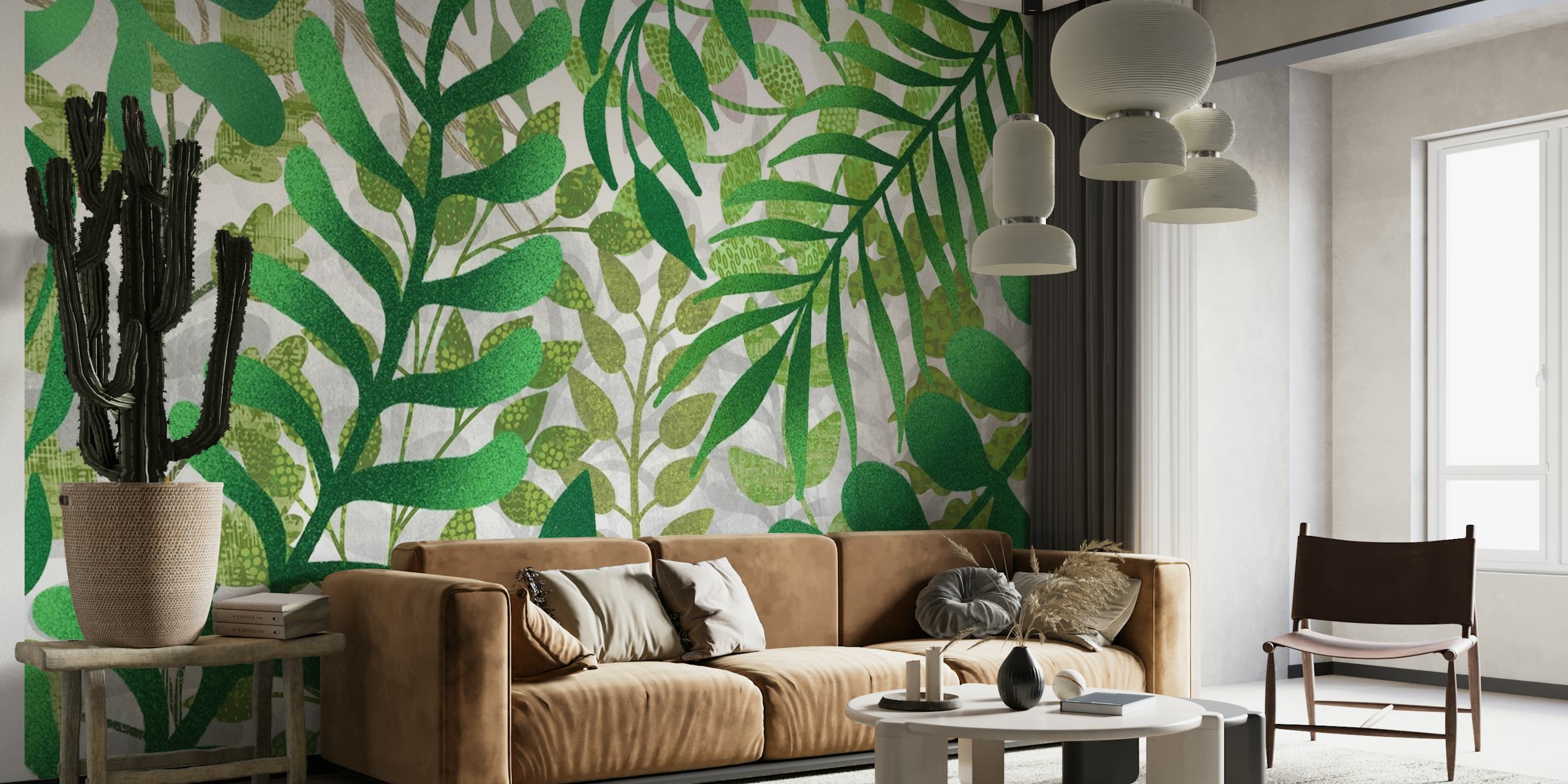 Veggmaleri med frodige grønne blader for hjemmeinnredning
